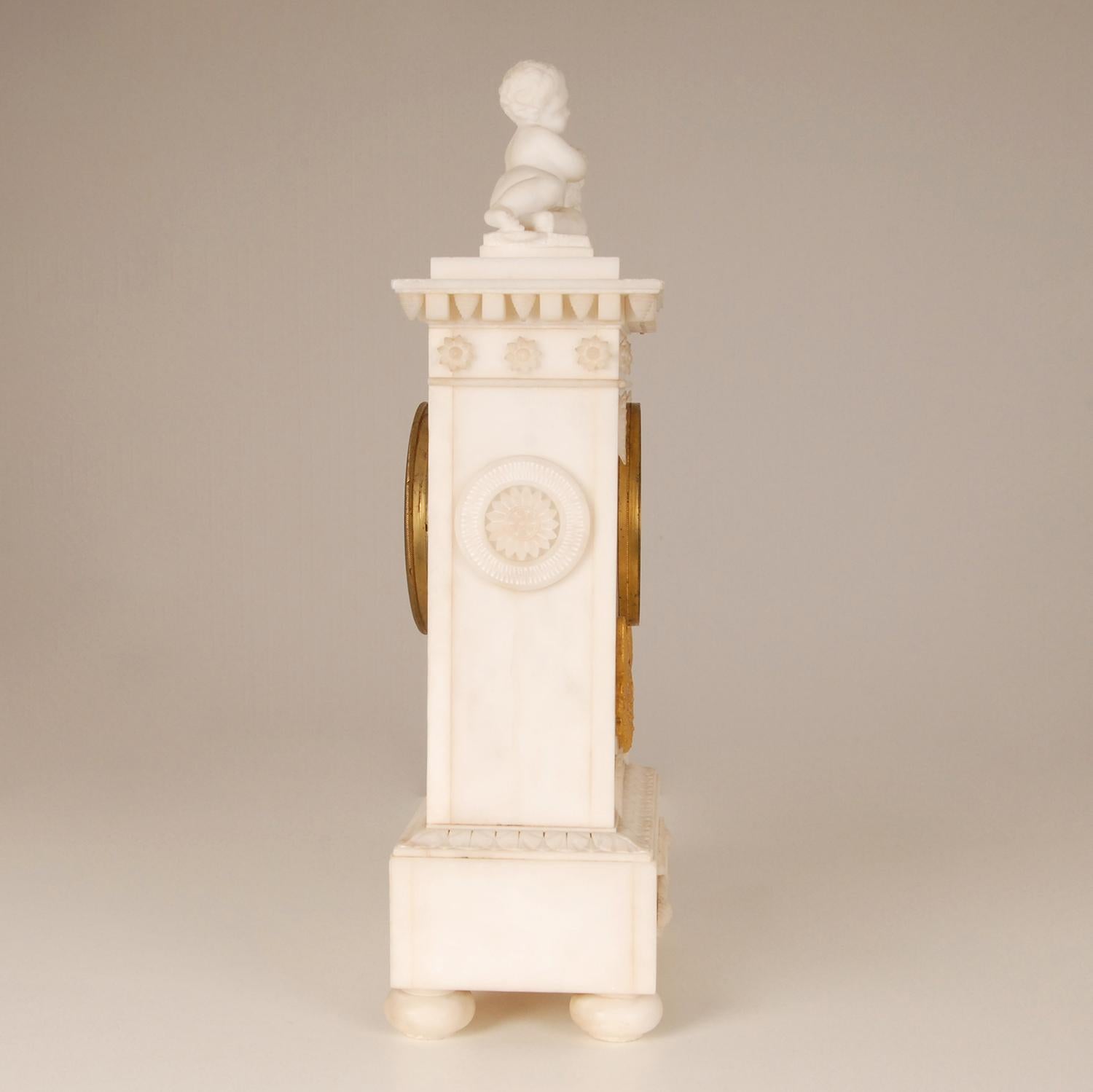 19th Century Empire White Gold Gilt Bronze and Alabaster Figural Mantel Clock Pendulum