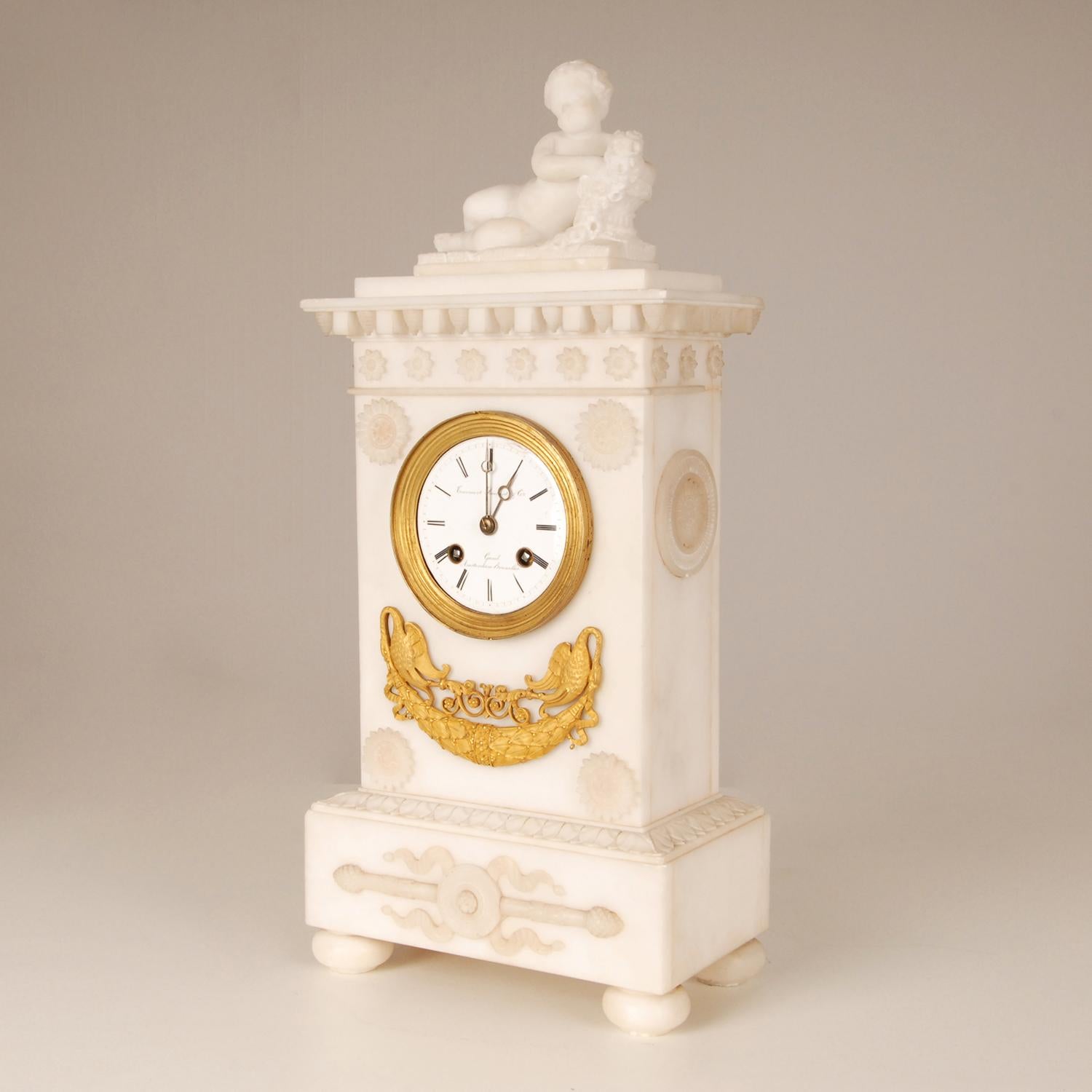 Empire White Gold Gilt Bronze and Alabaster Figural Mantel Clock Pendulum 3