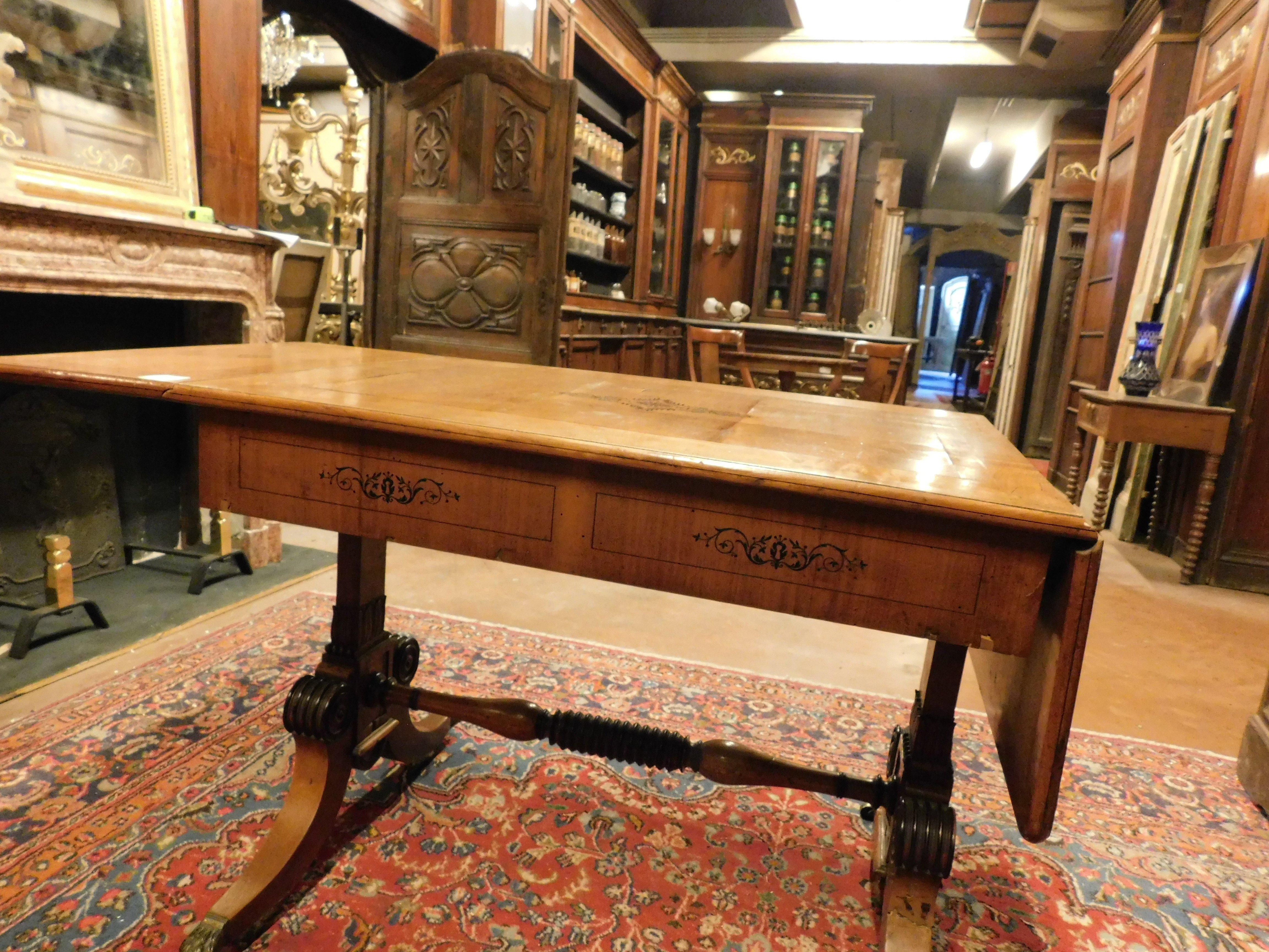 Intarsio Scrivania impero in legno di ciliegio, con alette laterali sollevabili, Inghilterra in vendita
