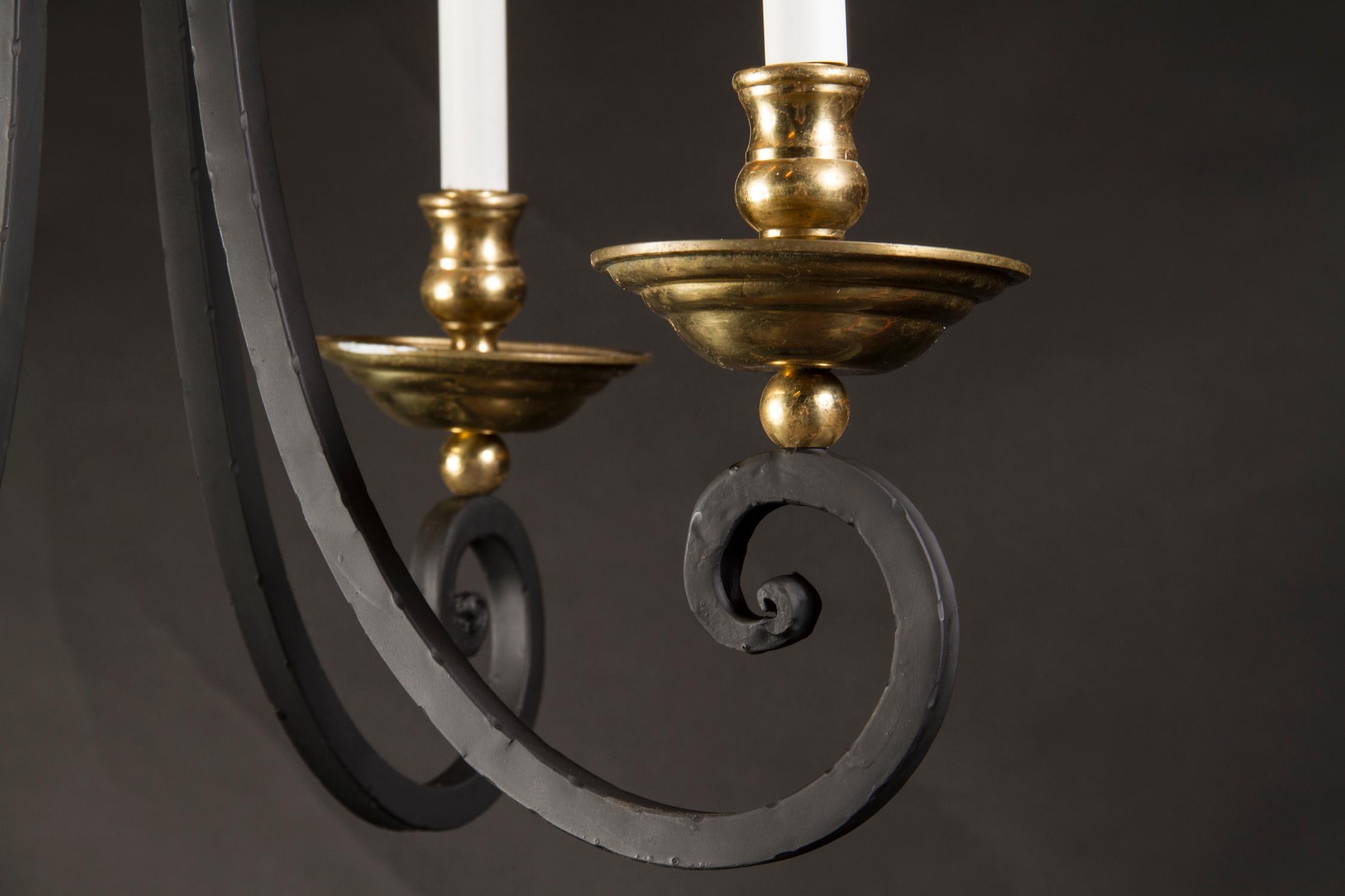 French Empire Wrought Iron and Brass Chandelier, Mid-20th Century For Sale