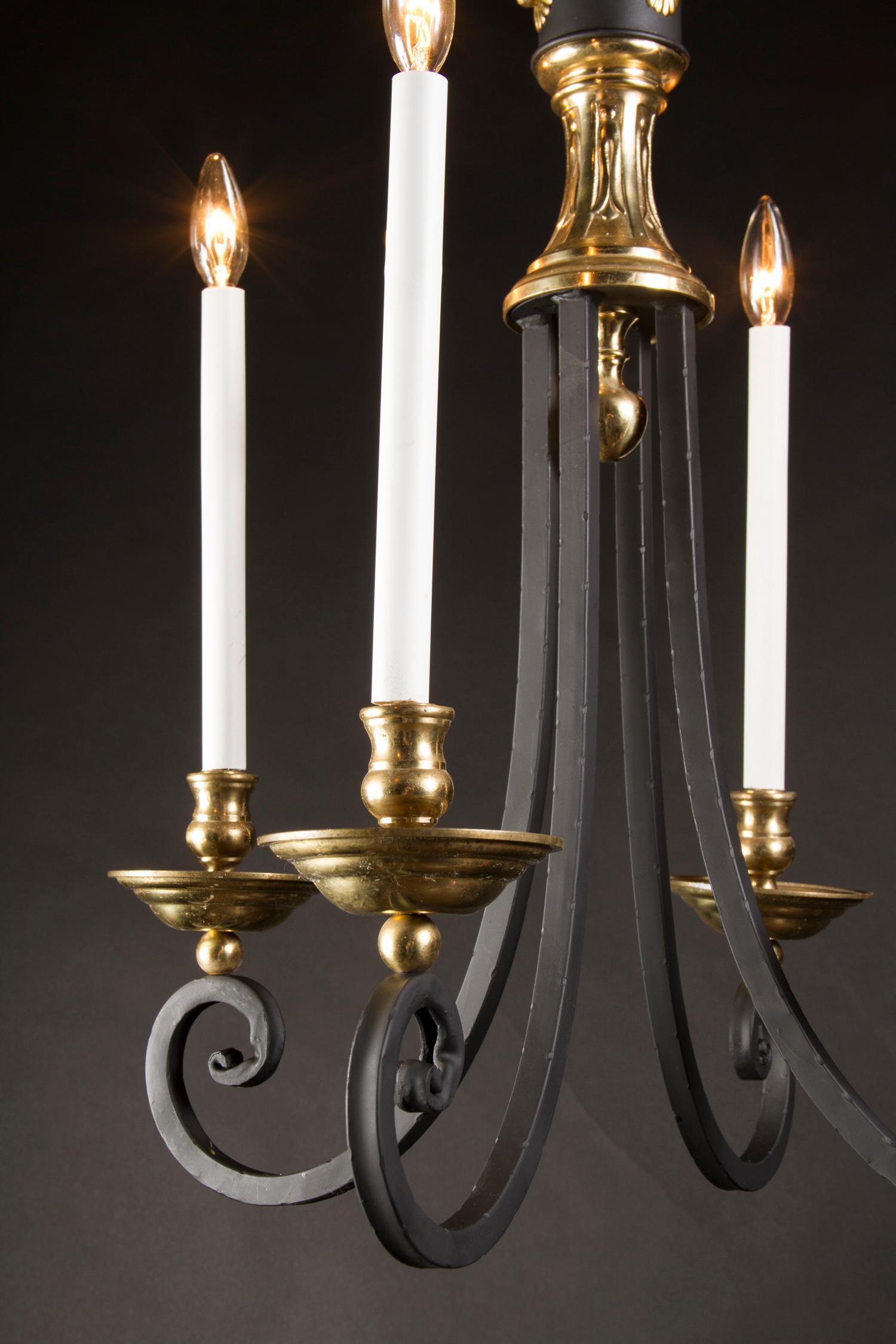 Empire Wrought Iron and Brass Chandelier, Mid-20th Century For Sale 1