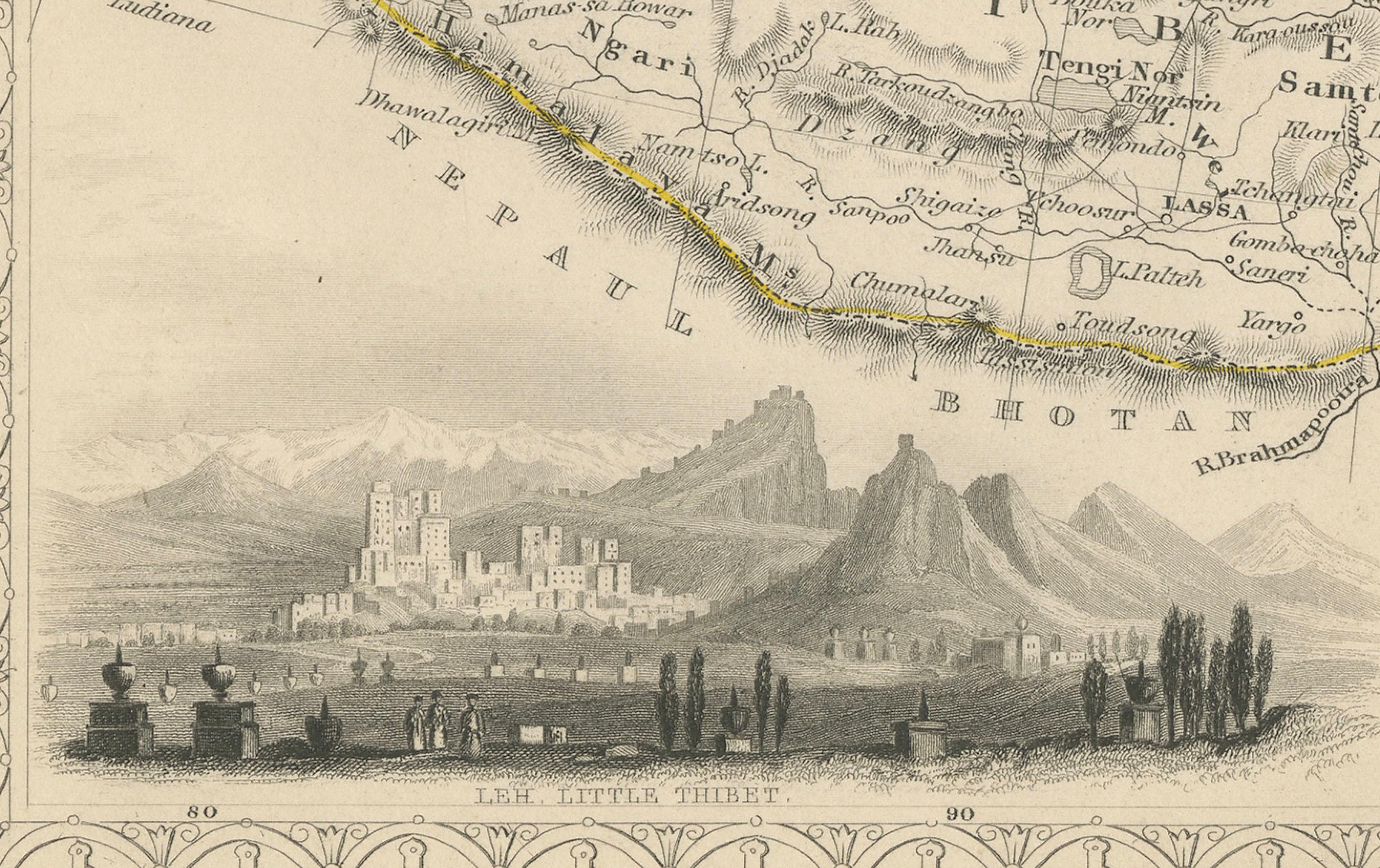 Diese originale - mit handkolorierten Rändern versehene - Karte von Tibet, der Mongolei und der Mandschurei ist ein Beispiel für die aufwendige Arbeit von John Tallis & Company, die in der Mitte des 19. Jahrhunderts für ihre detaillierten und