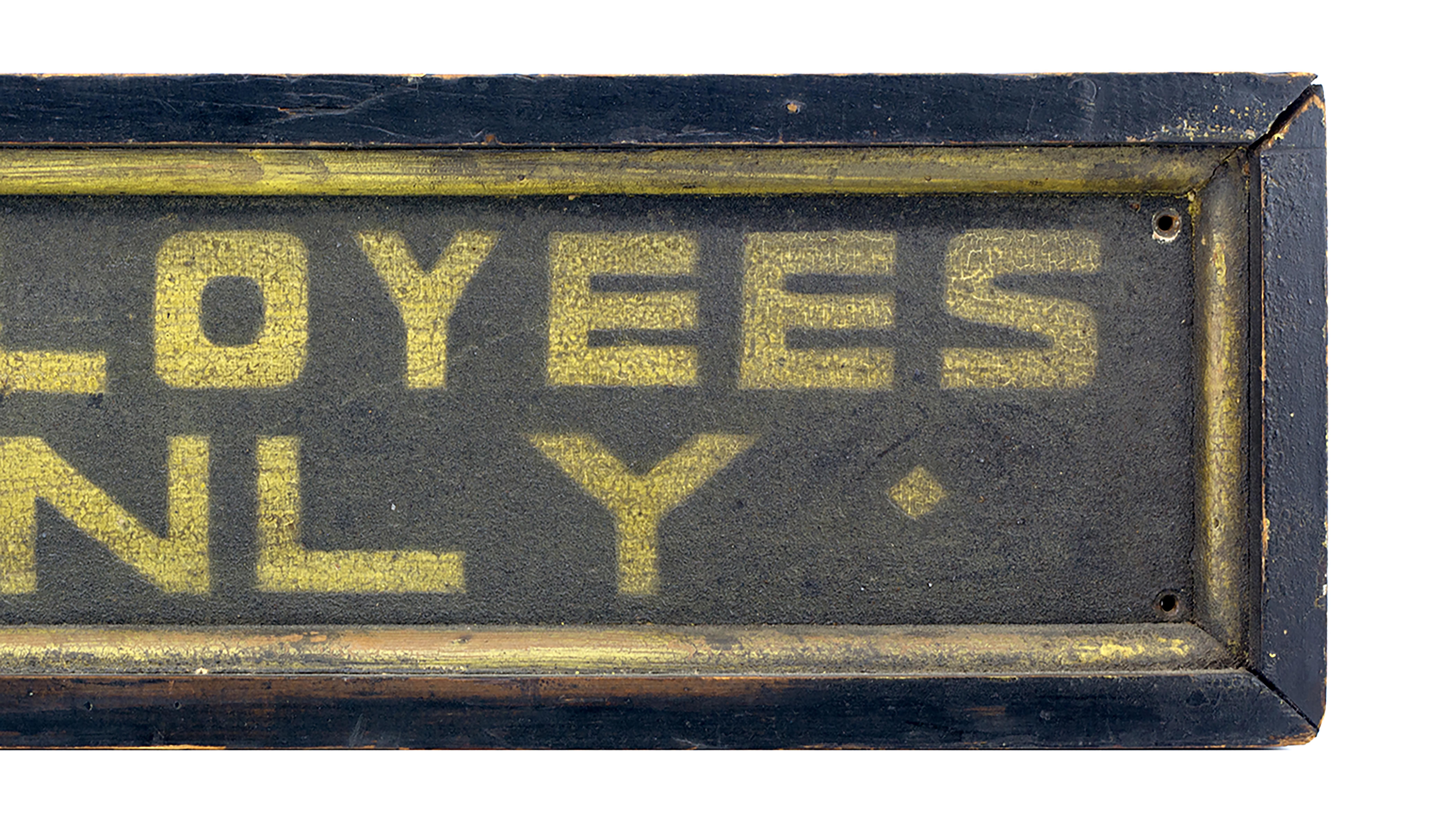 Great original painted surface with yellow block lettering on black ground.
With a yellow rounded fillet border, circa 1890.
Measures: 7.5” x 24.75” x 2.5