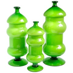Vintage Empoli Bright Green White Italian Art Glass Three-Piece Container Cookie Jar Set