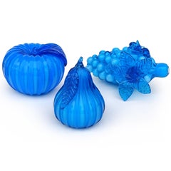 Empoli Electric Blue Italian Art Glass Grape Cluster Pear Apple Fruit Sculptures