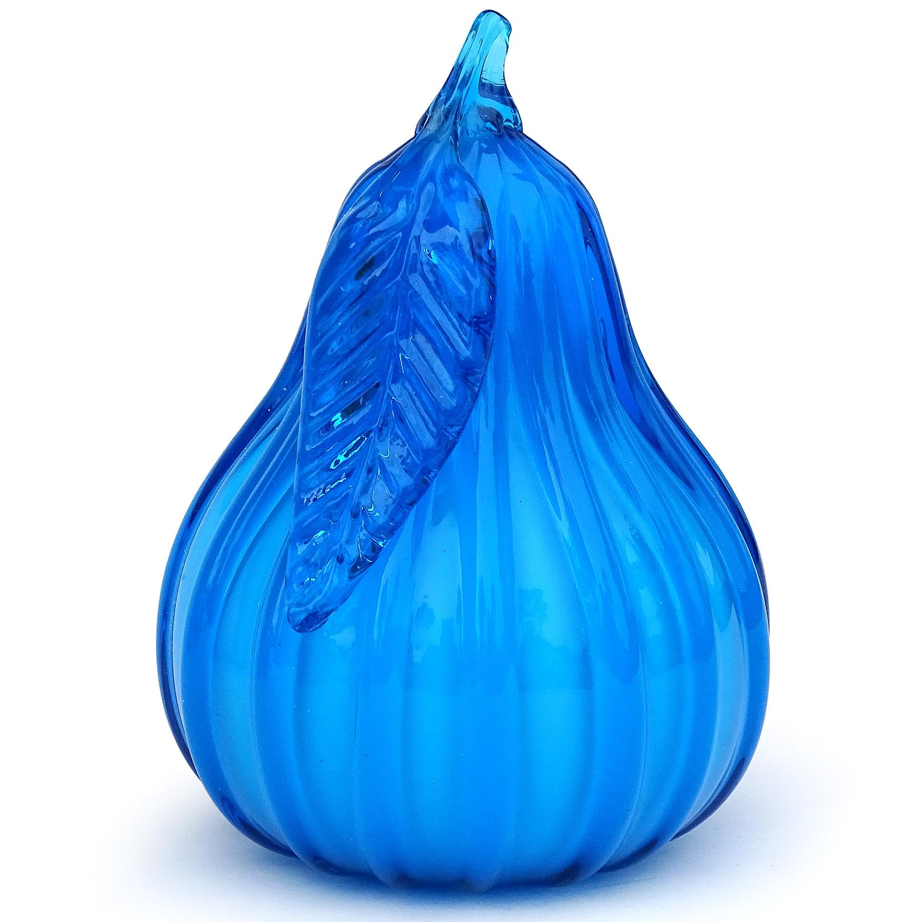 Hand-Crafted Empoli Electric Blue Italian Art Glass Grape Cluster Pear Apple Fruit Sculptures