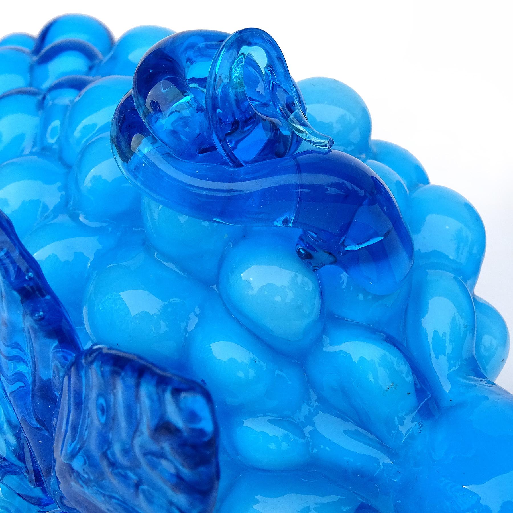 20th Century Empoli Electric Blue Italian Art Glass Grape Cluster Pear Apple Fruit Sculptures