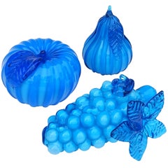 Empoli Electric Blue Italian Art Glass Grape Cluster Pear Apple Fruit Sculptures