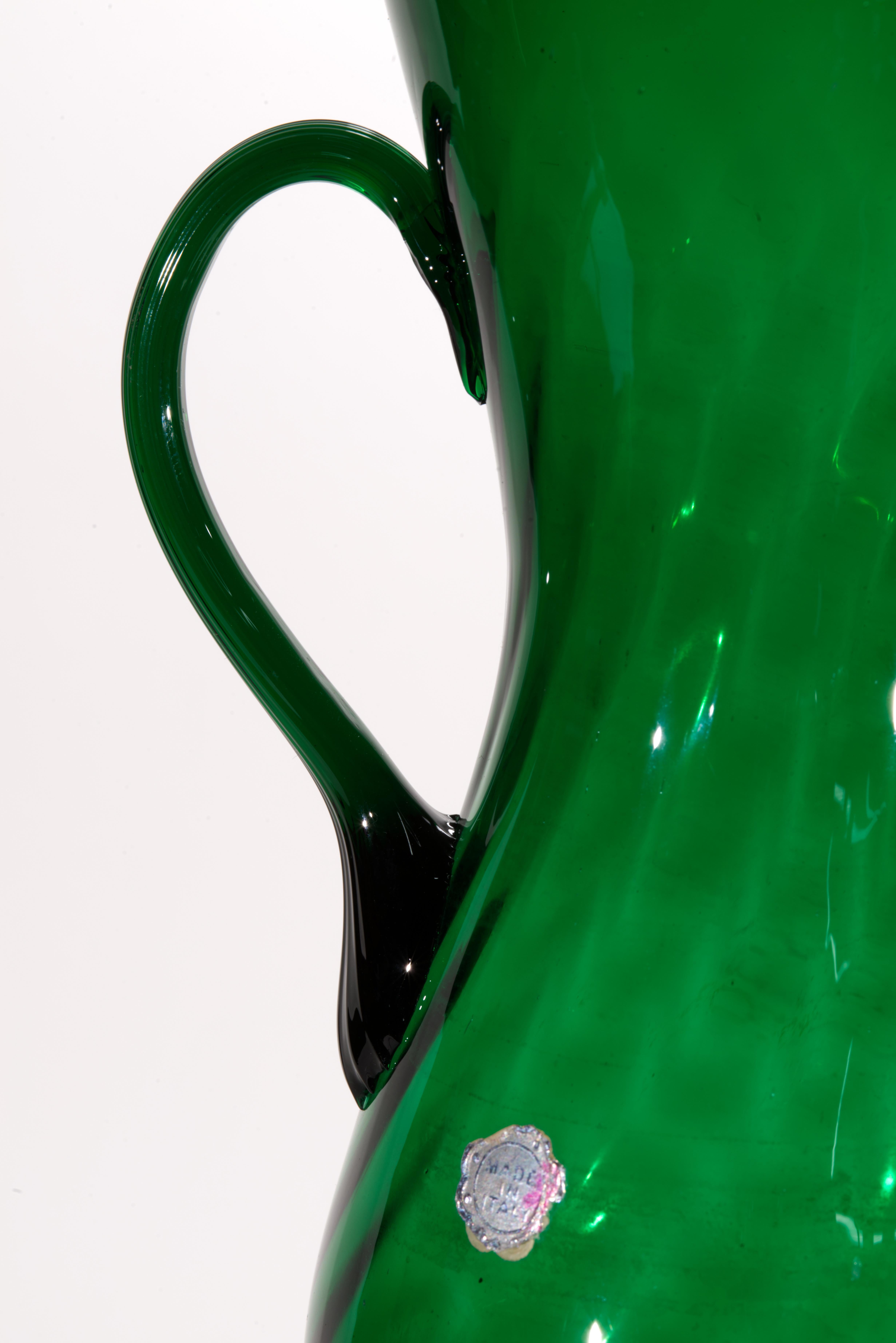 Empoli Emerald Green Verde Op-Art Glass Vase with Handles, Signed, Italy 1960 For Sale 2