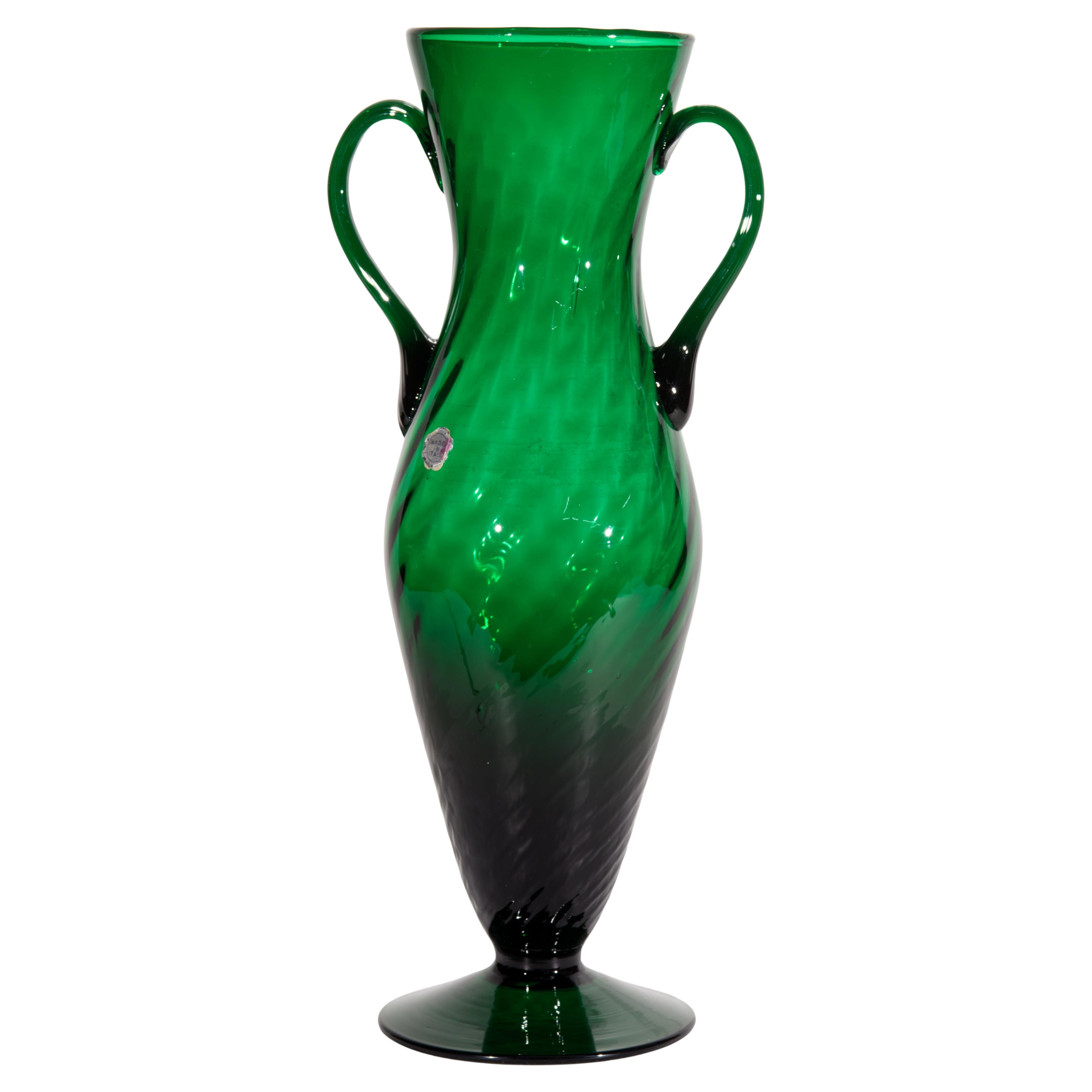 Empoli Smaragdgrüne Verde Op-Art-Glasvase mit Griffen, signiert, Italien 1960