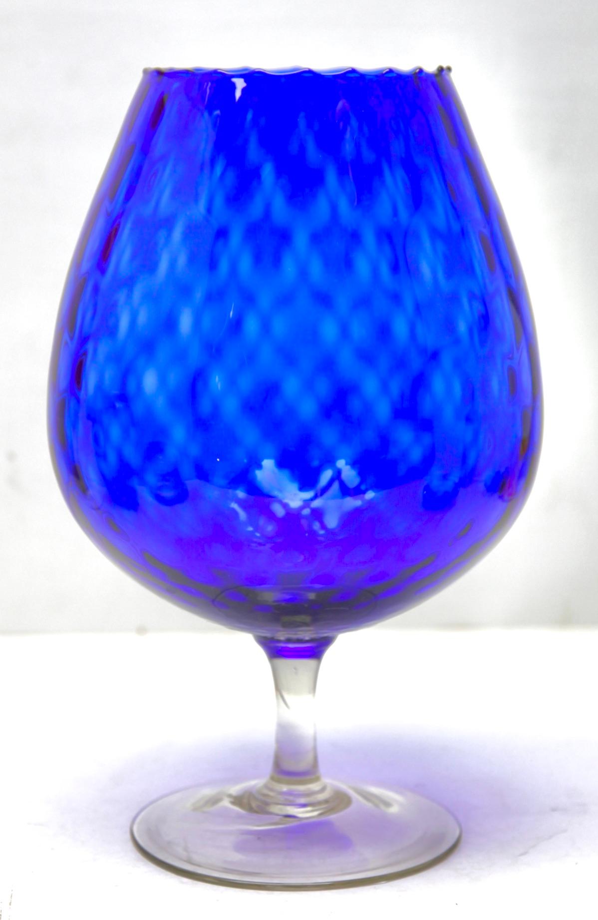 Mid-Century Modern Empoli 'Florence, Italy' Large Optical Glass on Foot Cobalt Blue For Sale