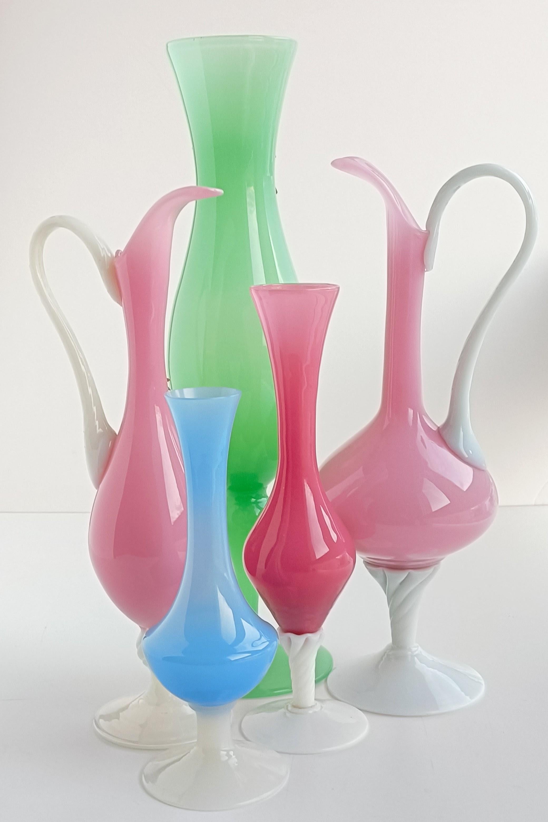 Mid-Century Modern Empoli Glass Opaline Florence Set of Vases, Italy, 1950s.  For Sale