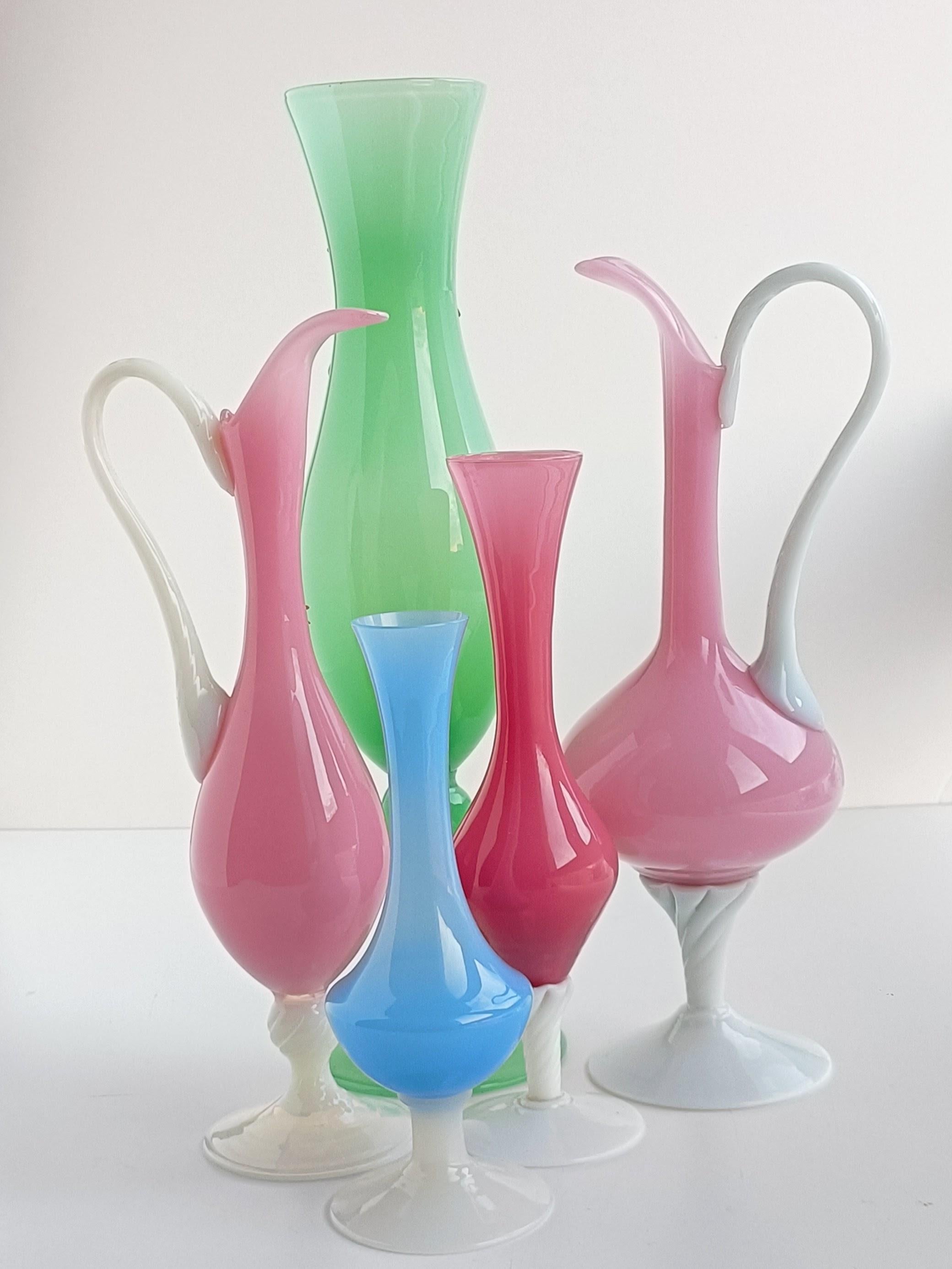Hand-Crafted Empoli Glass Opaline Florence Set of Vases, Italy, 1950s.  For Sale