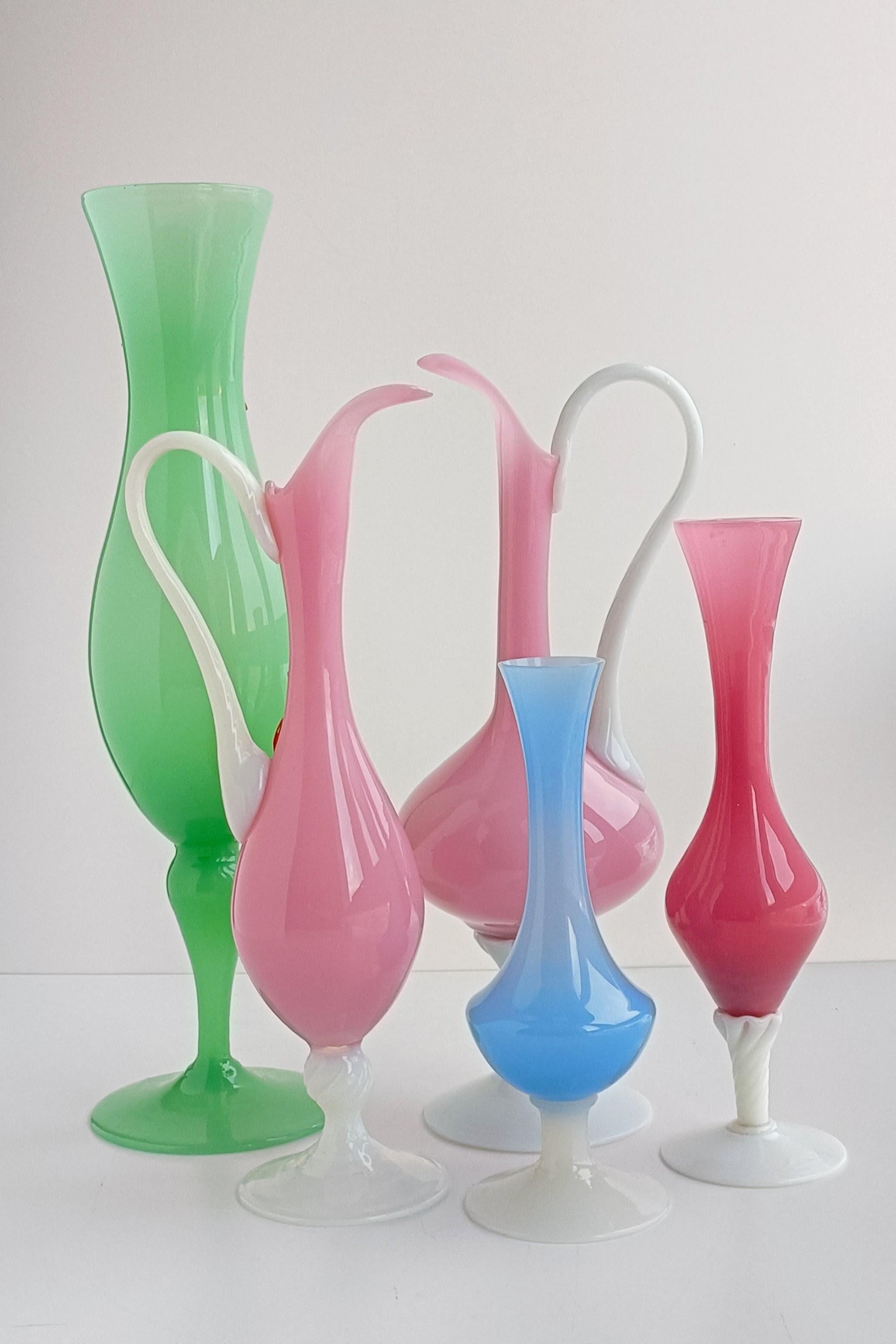 Mid-20th Century Empoli Glass Opaline Florence Set of Vases, Italy, 1950s.  For Sale