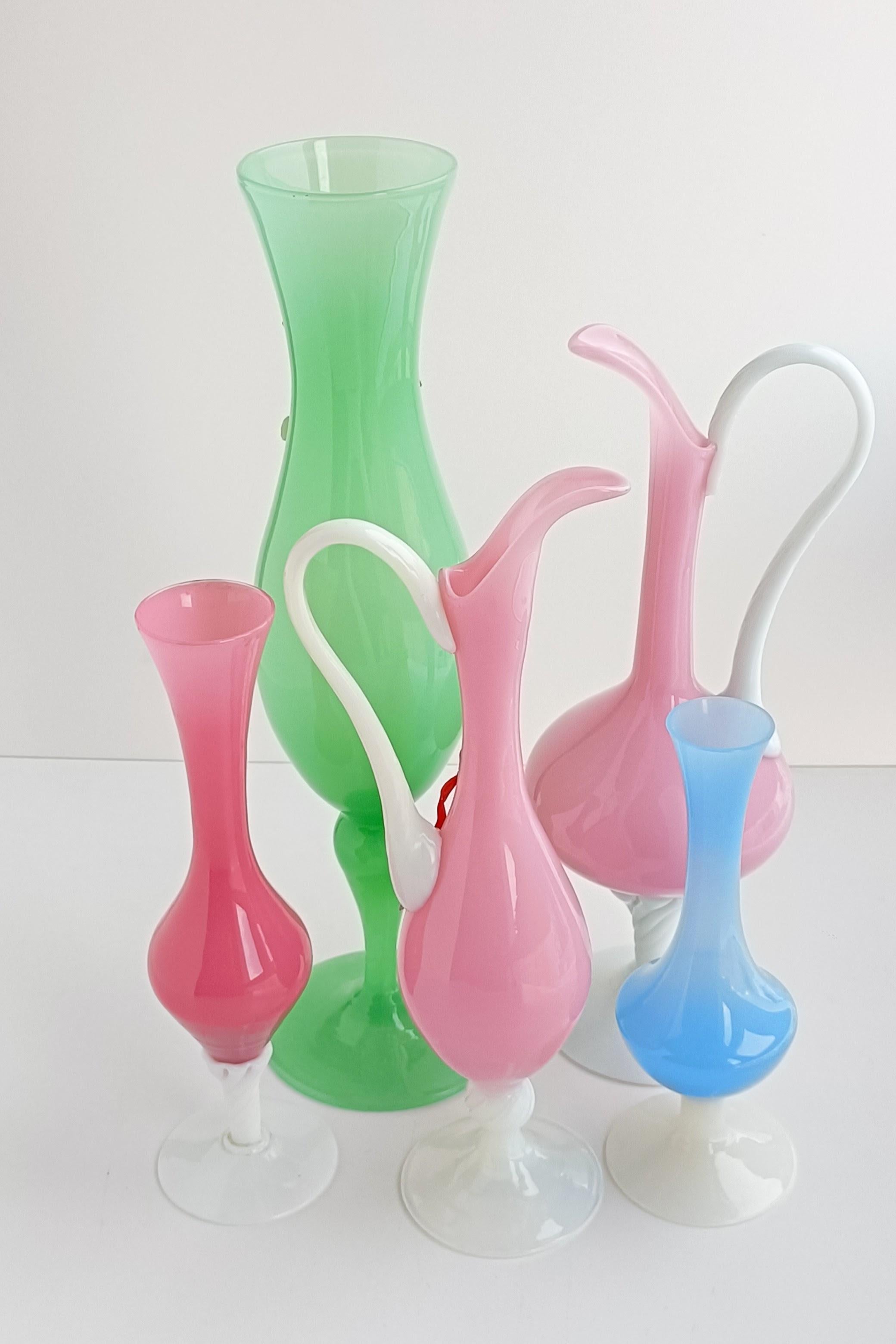 Blown Glass Empoli Glass Opaline Florence Set of Vases, Italy, 1950s.  For Sale