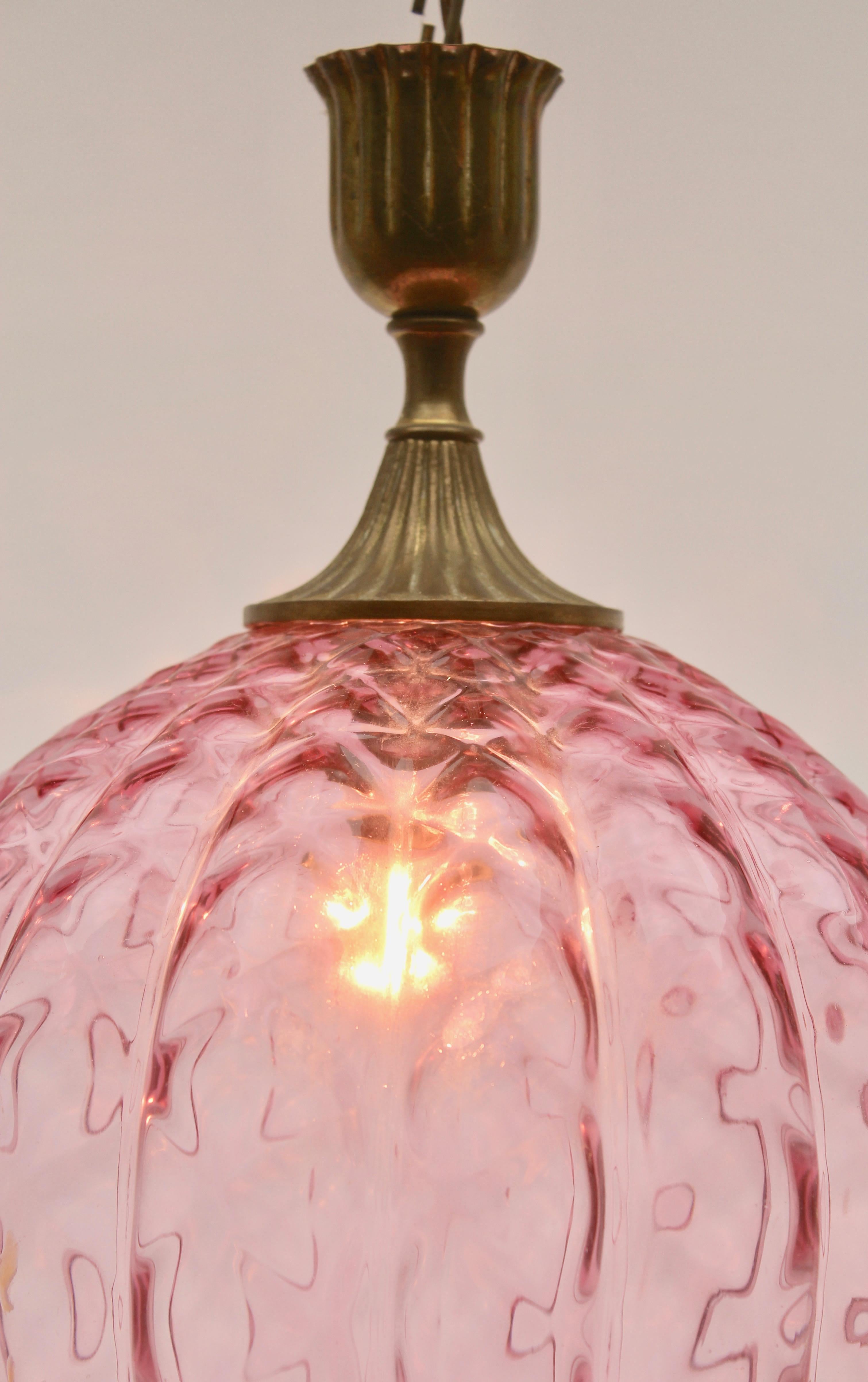 Mid-Century Modern Empoli Glass Pendant Lamp with Vertical Ribs & Diamond Optic in Rosaline 'Pink'