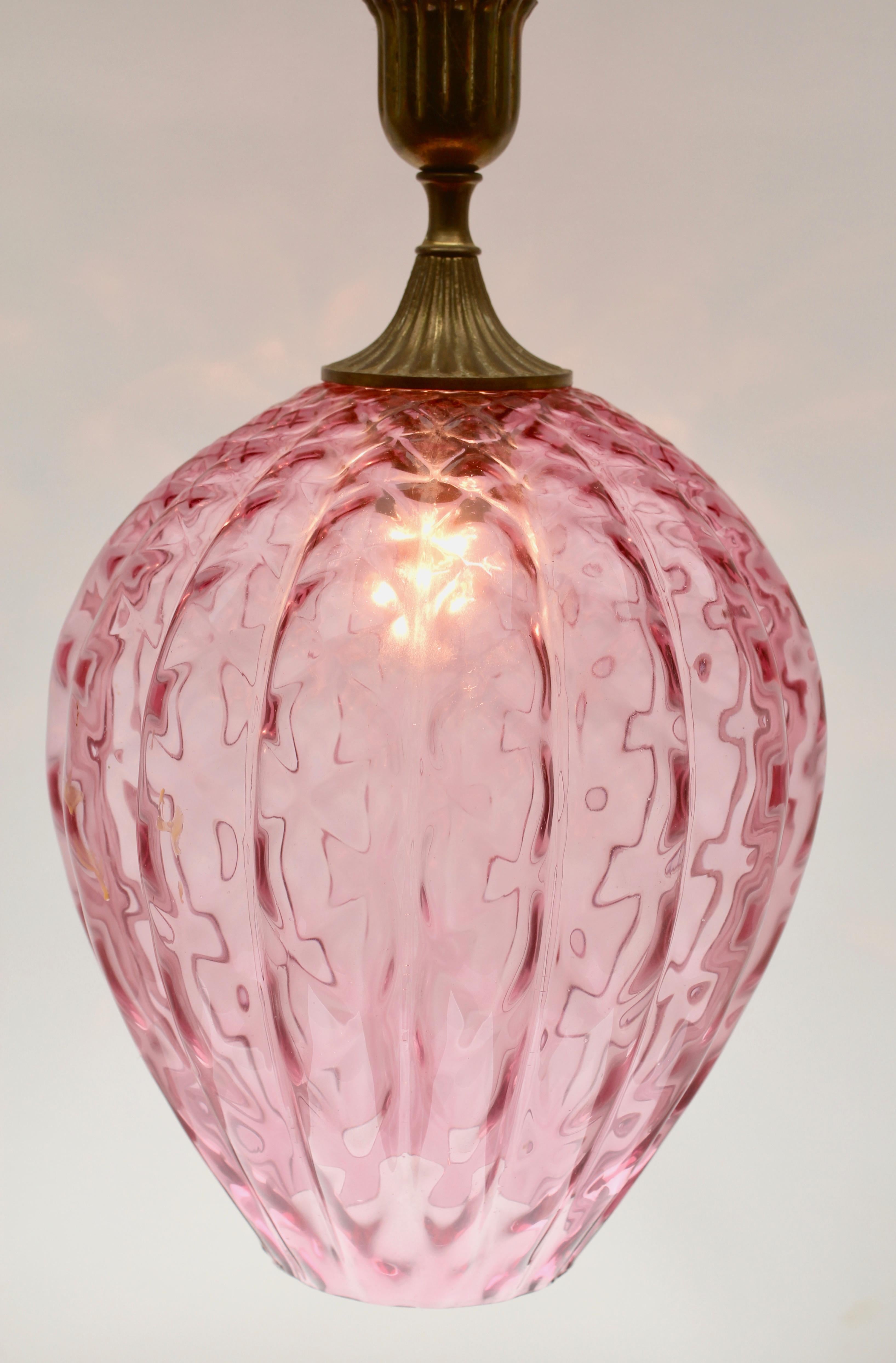 Italian Empoli Glass Pendant Lamp with Vertical Ribs & Diamond Optic in Rosaline 'Pink'