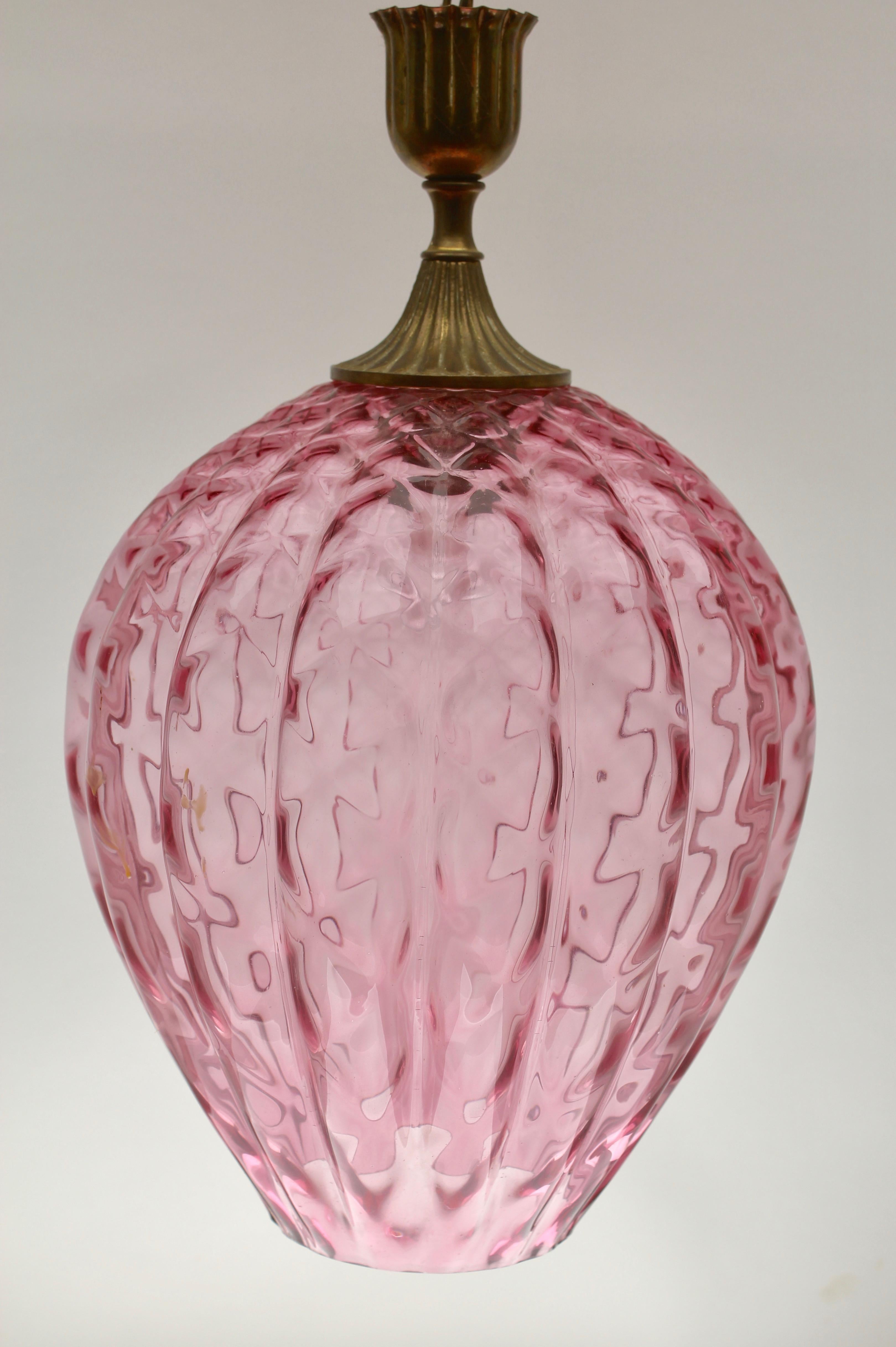 Hand-Crafted Empoli Glass Pendant Lamp with Vertical Ribs & Diamond Optic in Rosaline 'Pink'