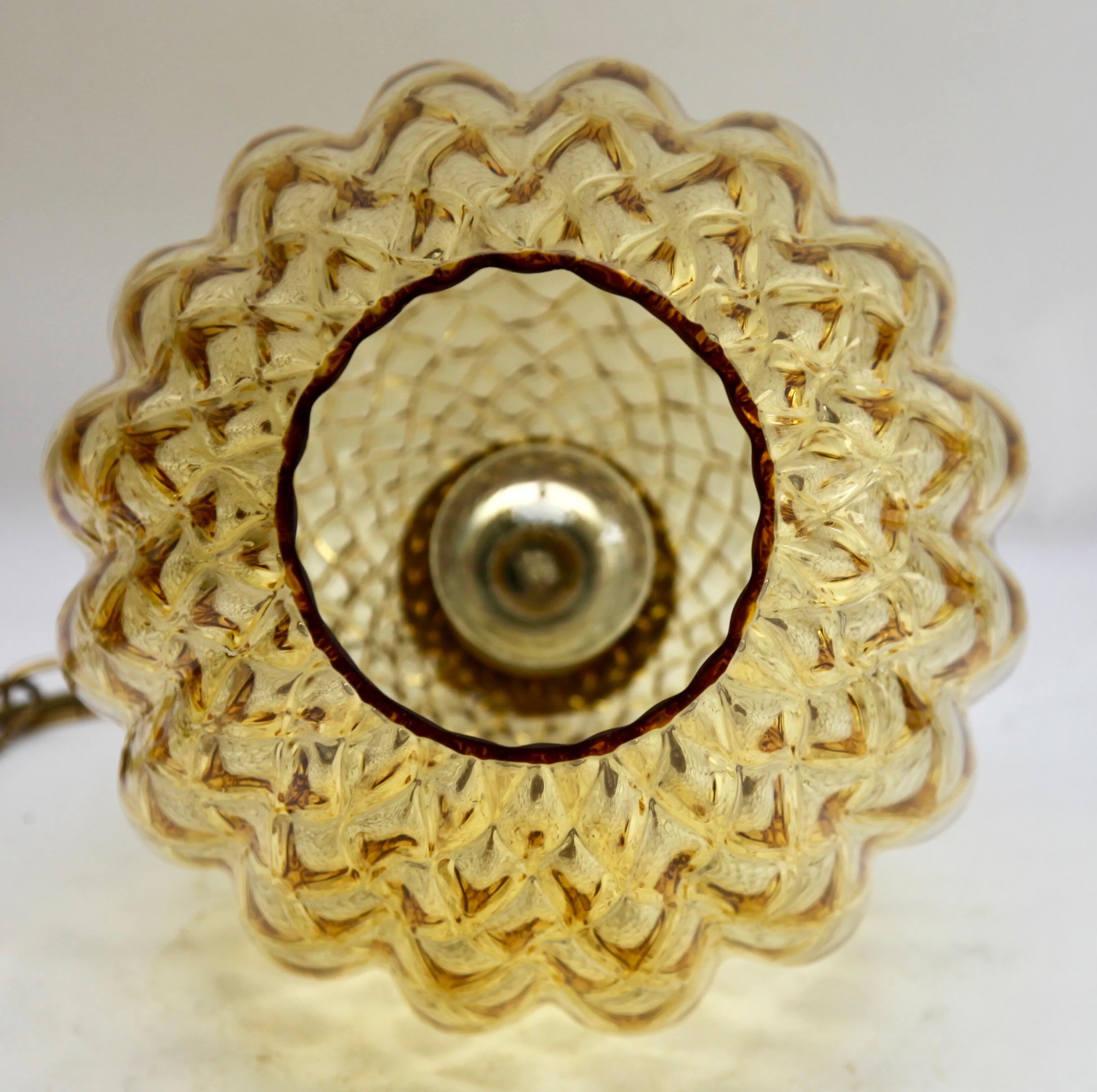 Brass Empoli Glass Pendant Lamp with Vertical Ribs and Diamond Optic Light Amber Tint