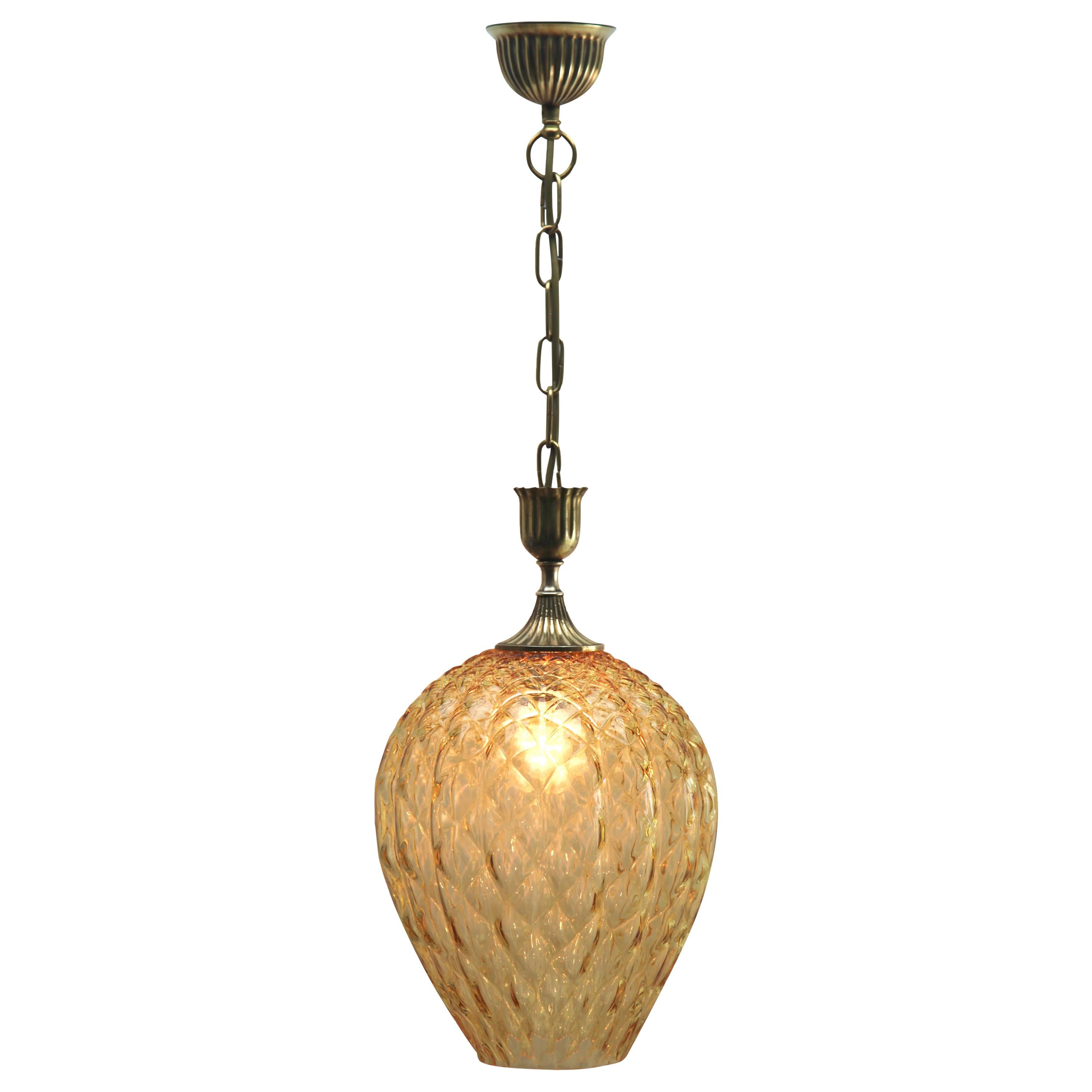 Empoli Glass Pendant Lamp with Vertical Ribs and Diamond Optic Light Amber Tint
