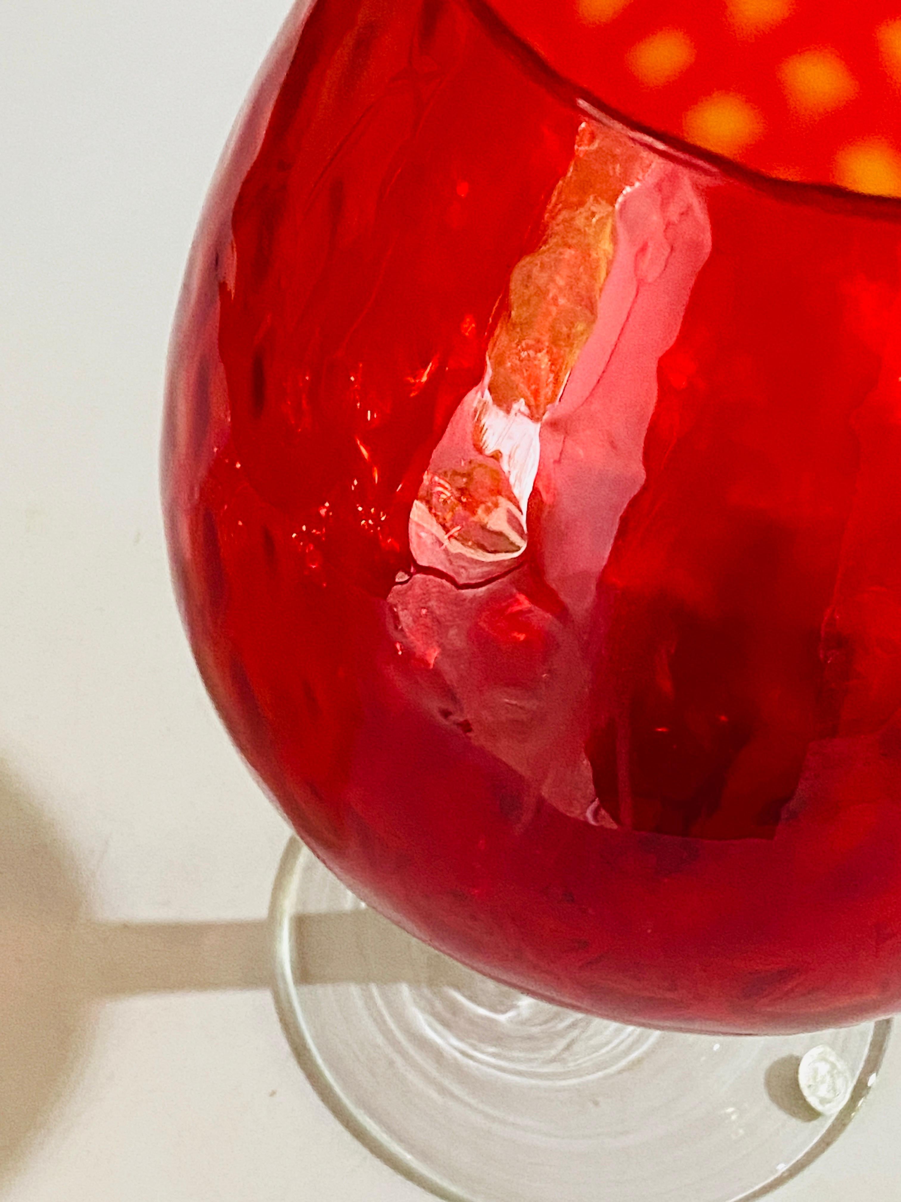 Mid-20th Century Empoli Glass Vase, Italy, 1960 in Red Color with Relief Patterns For Sale