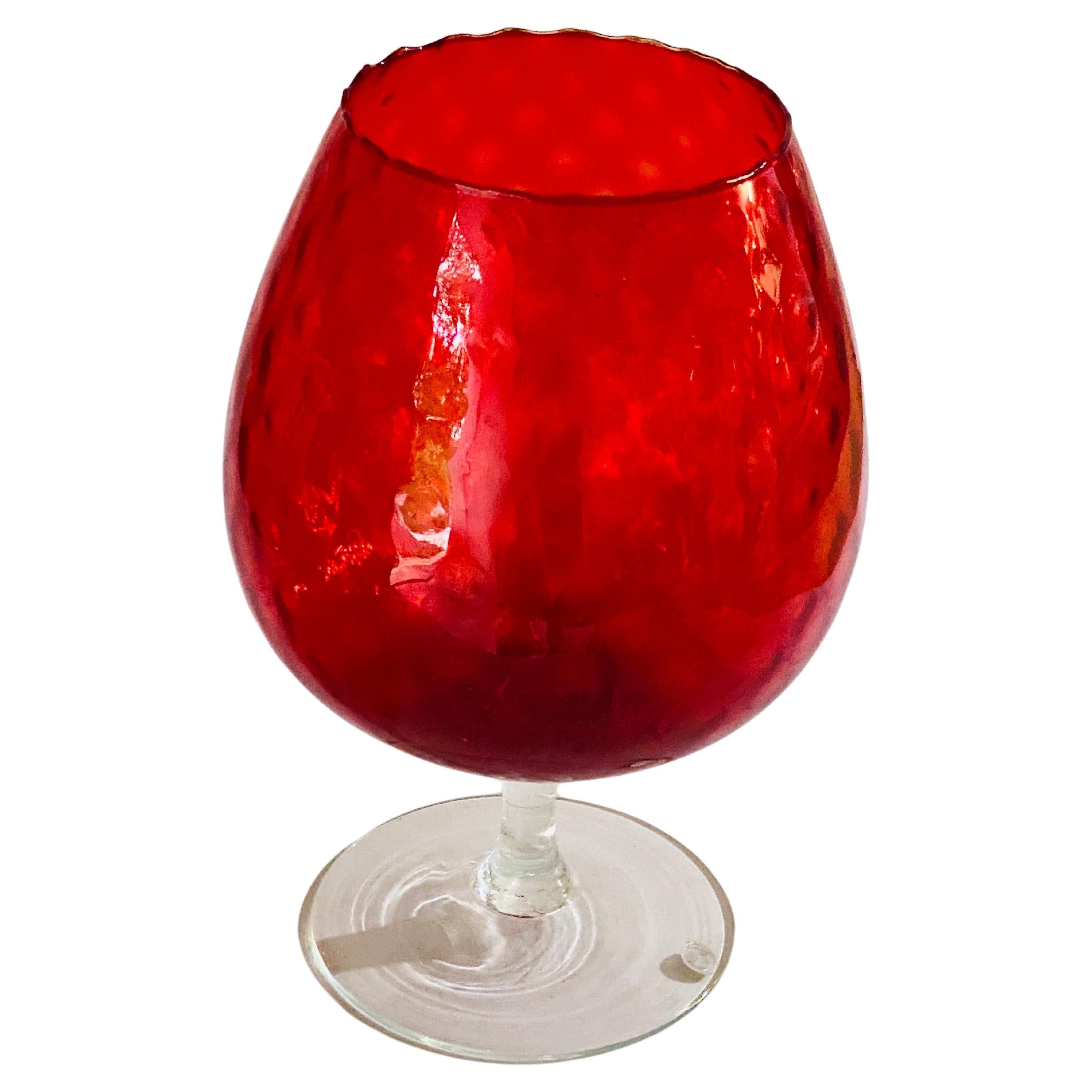 Empoli Glass Vase, Italy, 1960 in Red Color with Relief Patterns For Sale