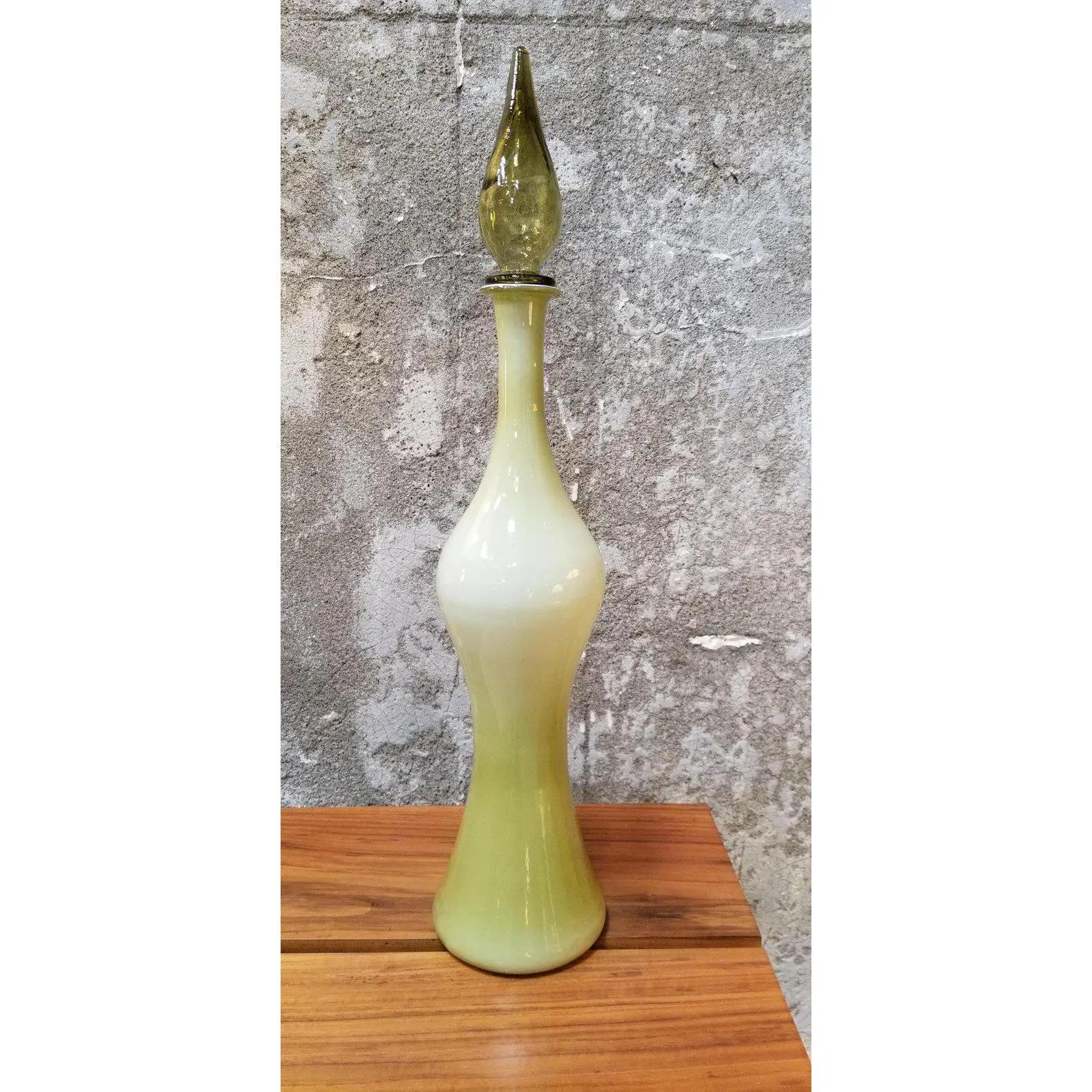 Mid-Century Modern cased glass decanter with original stopper by Empoli Glass, Italy, circa 1960s. Paper label intact.