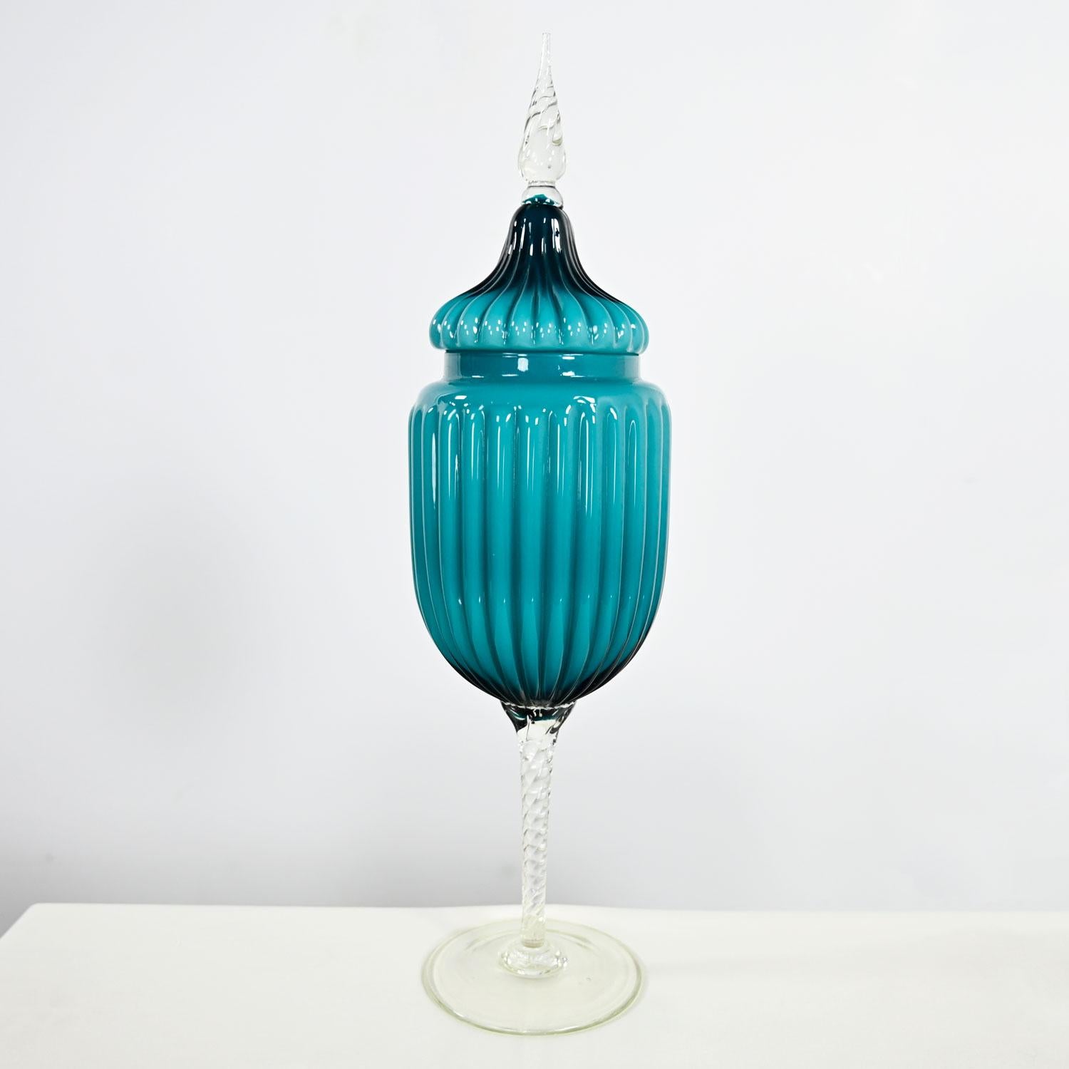 Empoli Italian Cased Glass Lidded Compote Circus Tent Jar in Peacock Blue 8