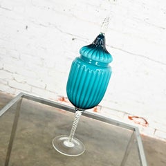Empoli Italian Cased Glass Lidded Compote Circus Tent Jar in Peacock Blue
