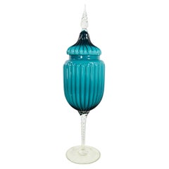 Vintage Empoli Italian Cased Glass Lidded Compote Circus Tent Jar in Peacock Blue