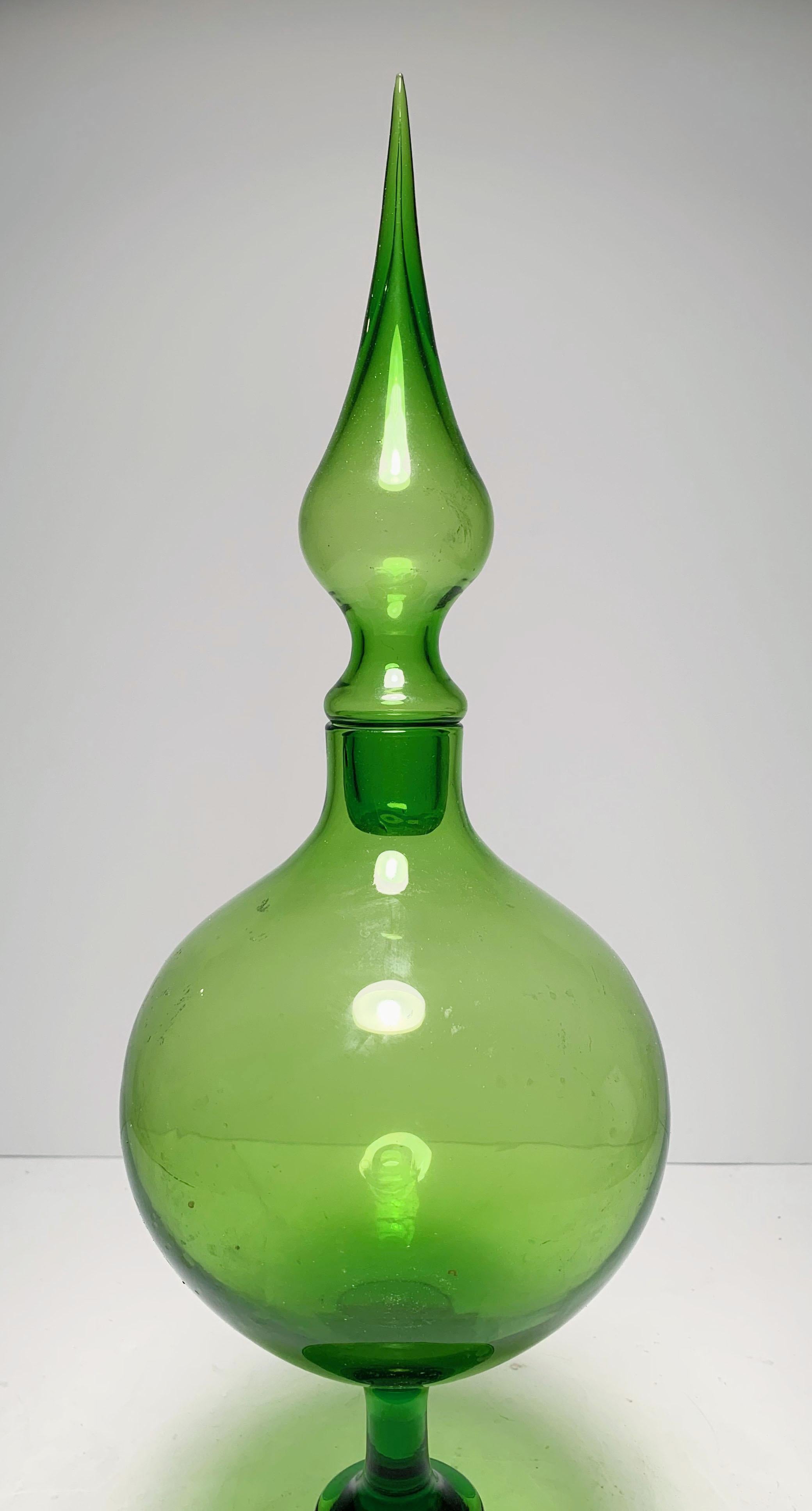 Mid-Century Modern Empoli Italian Glass Apple Green Decanter with Stopper