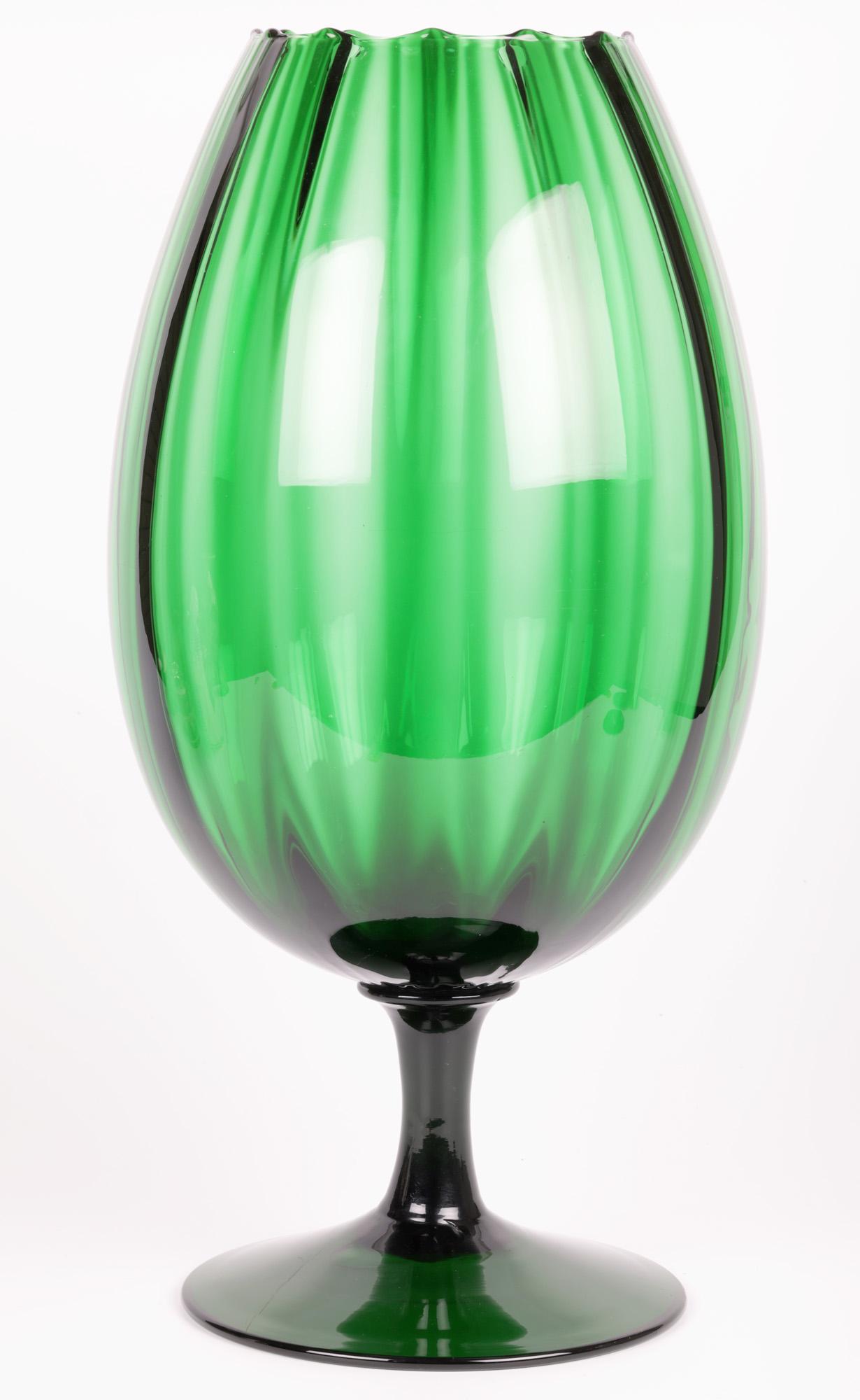 Empoli Italian Large Green Art Glass Pedestal Goblet Vase 7