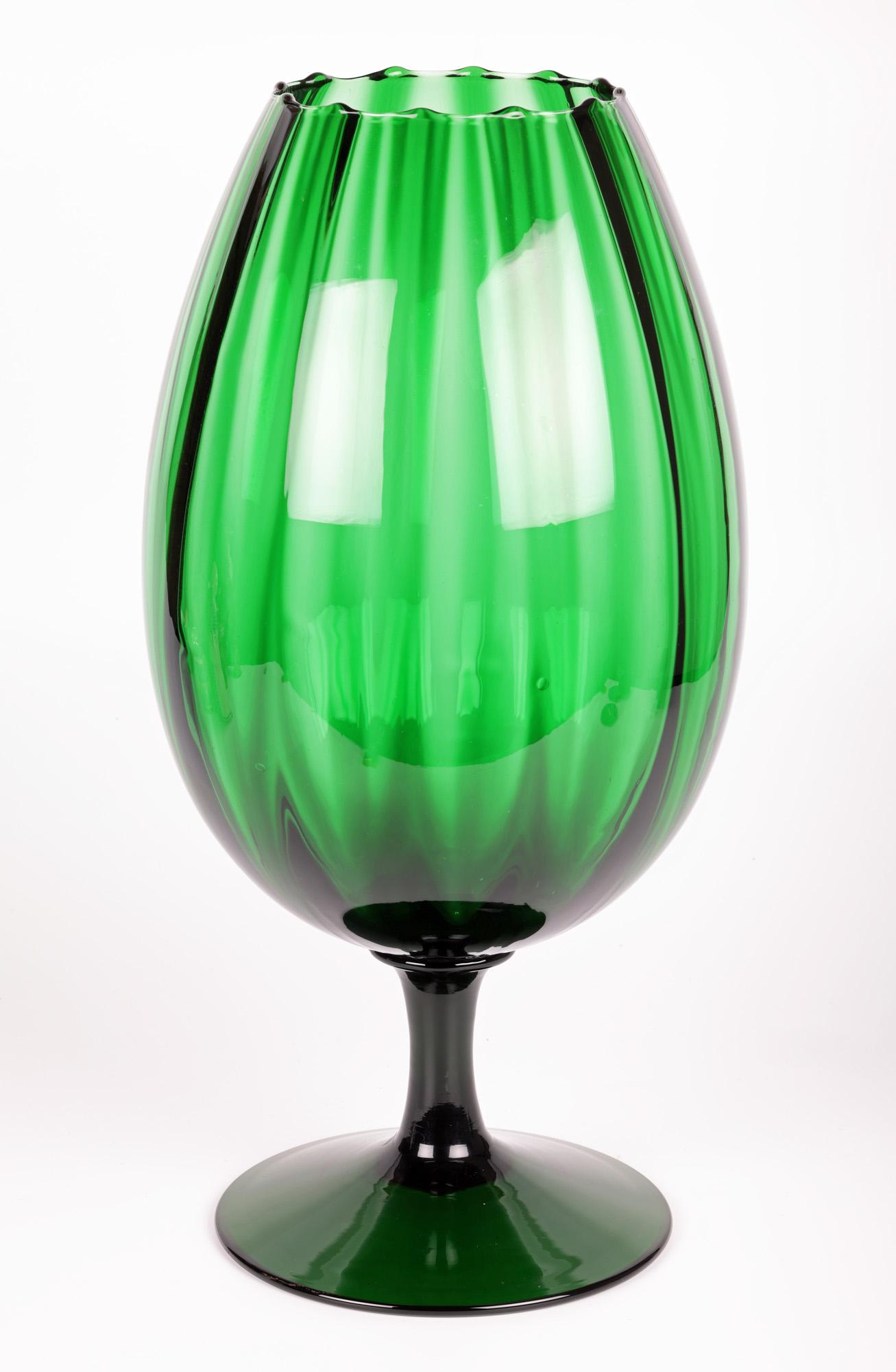 Empoli Italian Large Green Art Glass Pedestal Goblet Vase 1