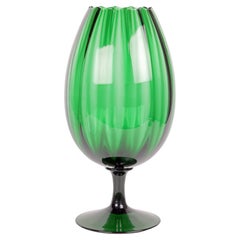 Retro Empoli Italian Large Green Art Glass Pedestal Goblet Vase