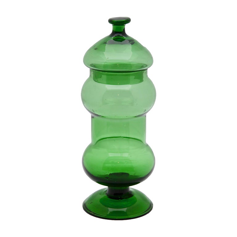 Empoli Italy Green Art Glass Apothecary Jar Empoli Verde Mid 20th Century - 