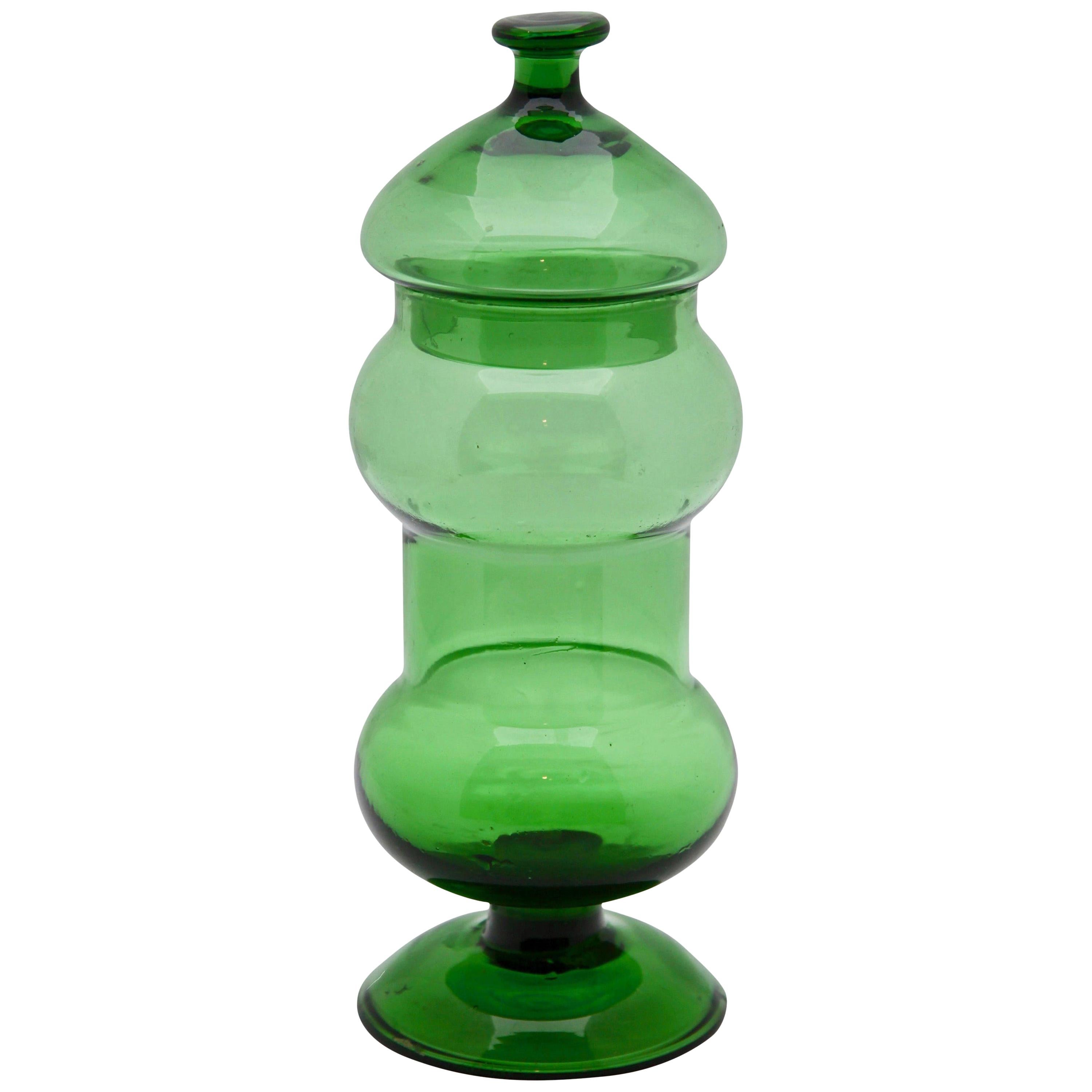 Empoli, Italy, Green Art Glass Apothecary Jar 'Empoli Verde', Mid-20th Century