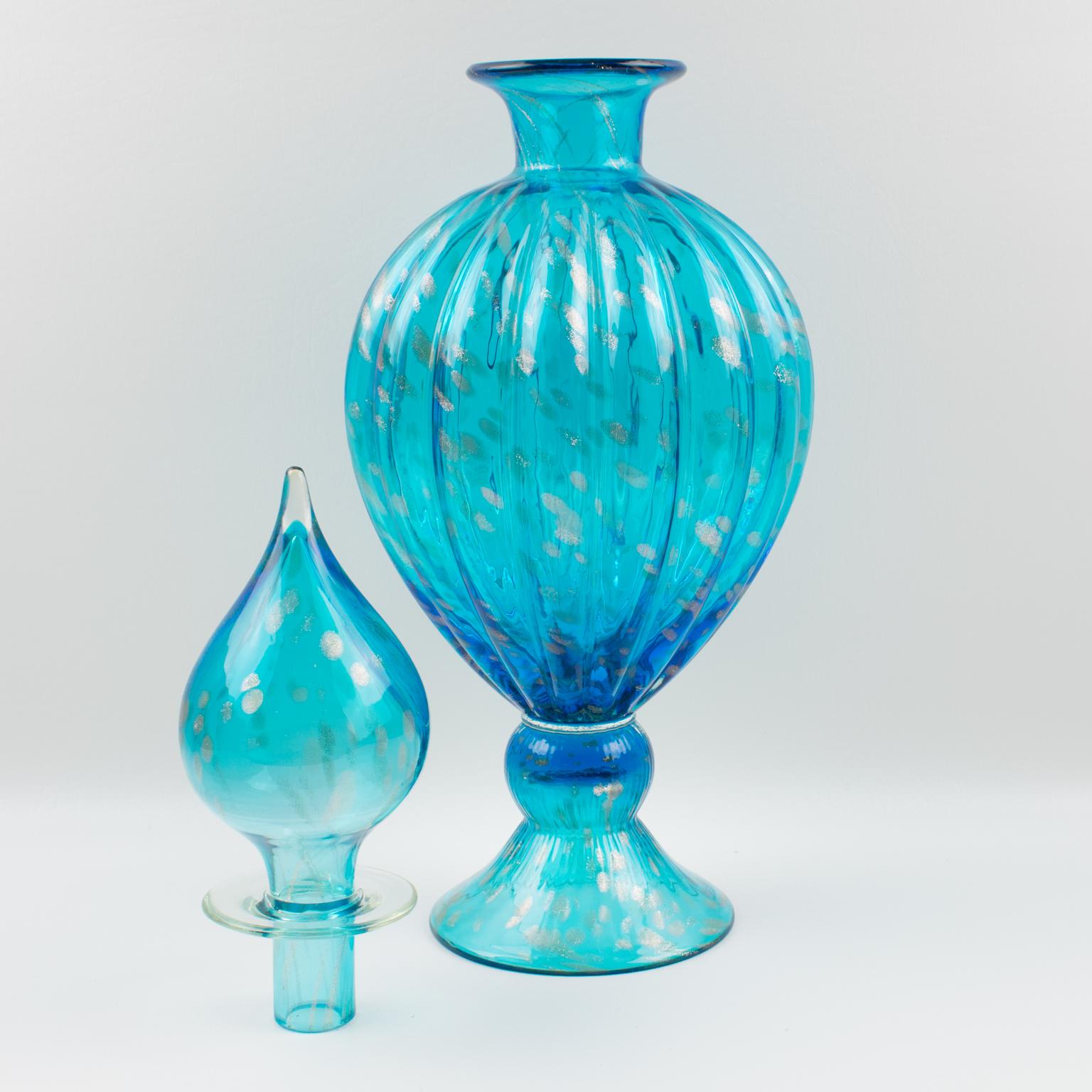 Modern Empoli Italy Turquoise Glass Lidded Apothecary Jar Dispenser