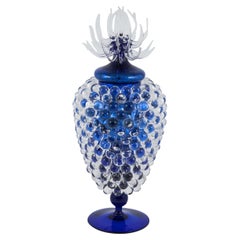 Empoli Jar with Thistle, a unique clear & blue glass vessel by James Lethbridge