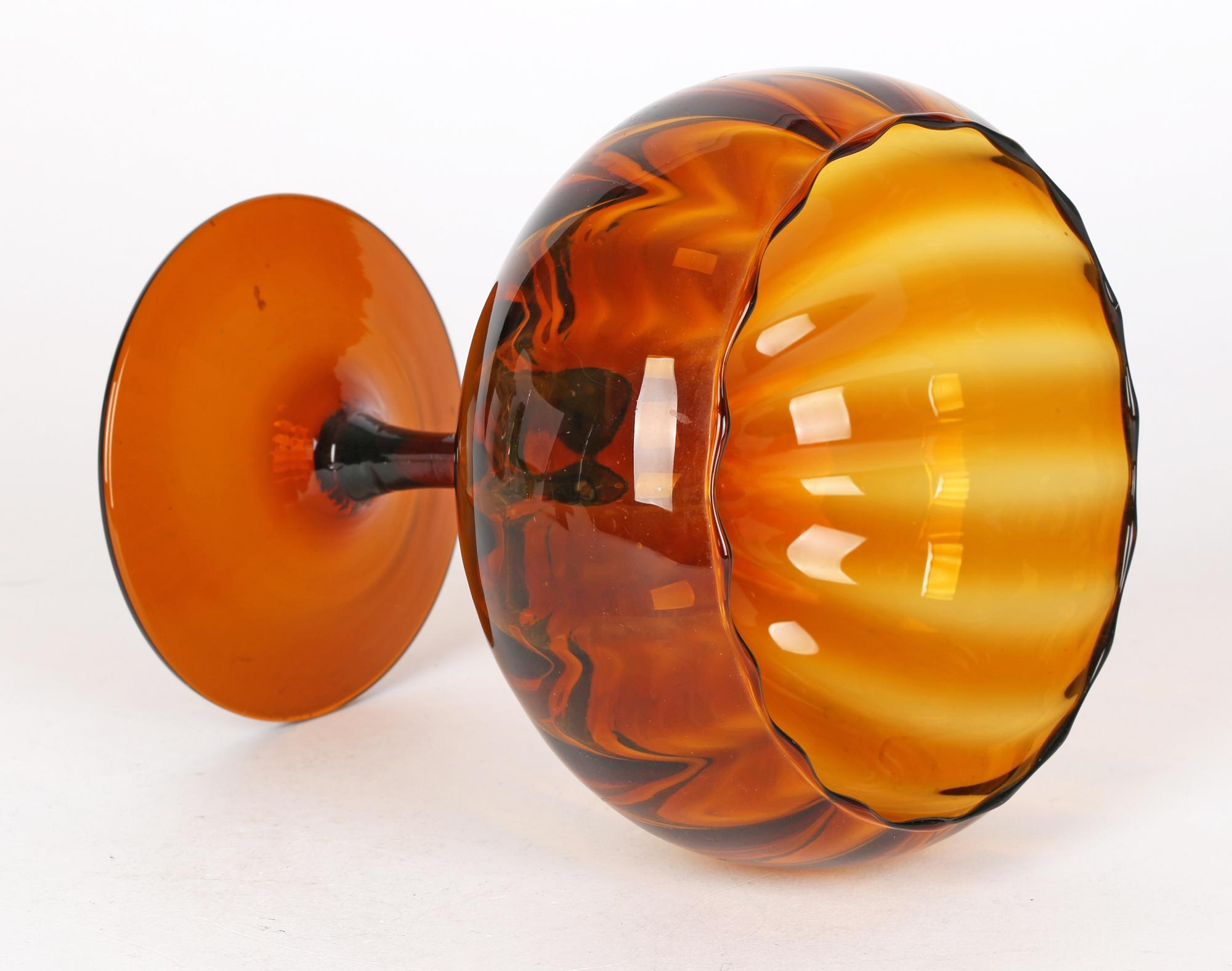 Mid-Century Modern Empoli Mid-Century Italian Hand-Blown Amber Glass Pedestal Bowl