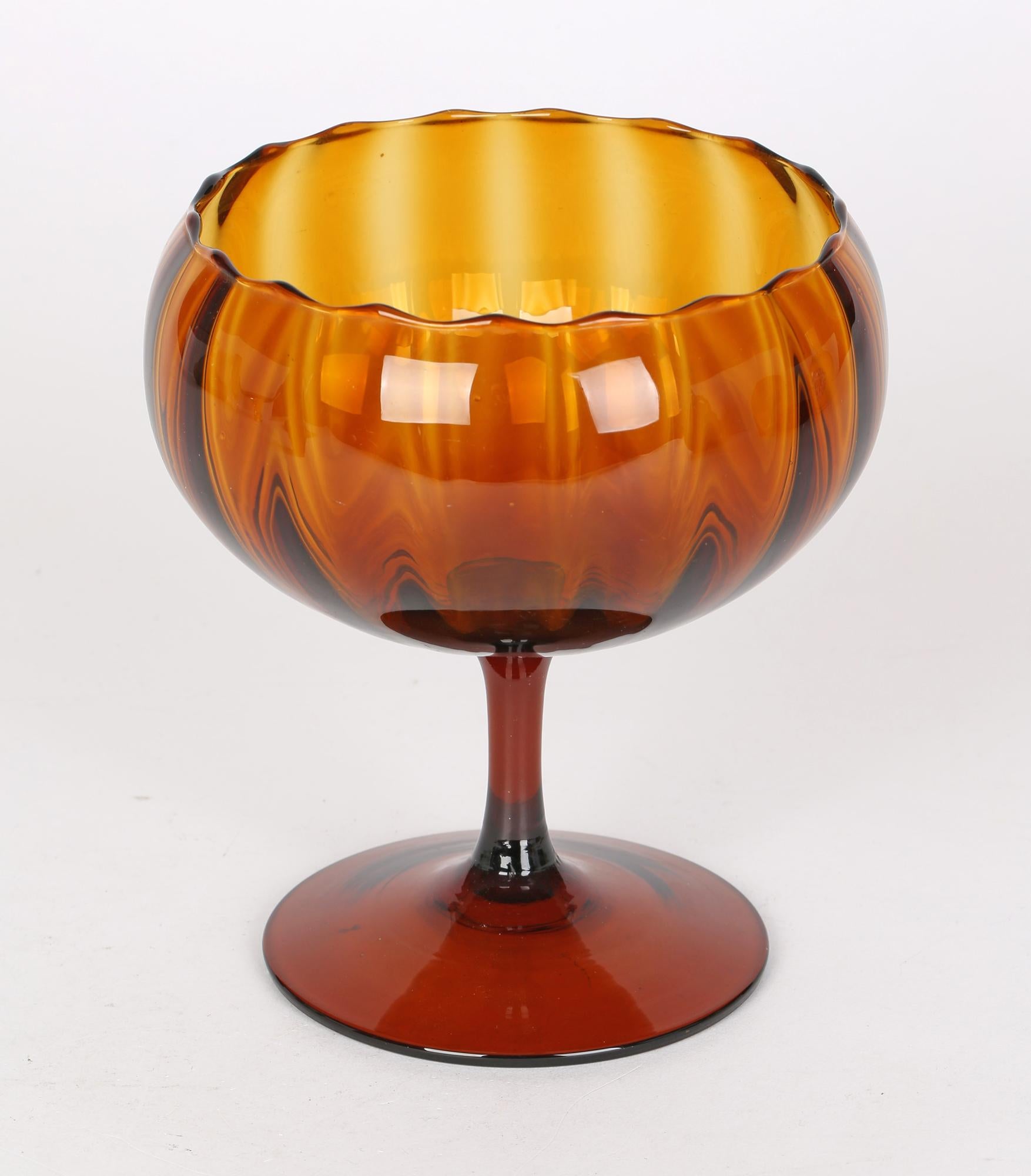 Hand-Crafted Empoli Mid-Century Italian Hand-Blown Amber Glass Pedestal Bowl