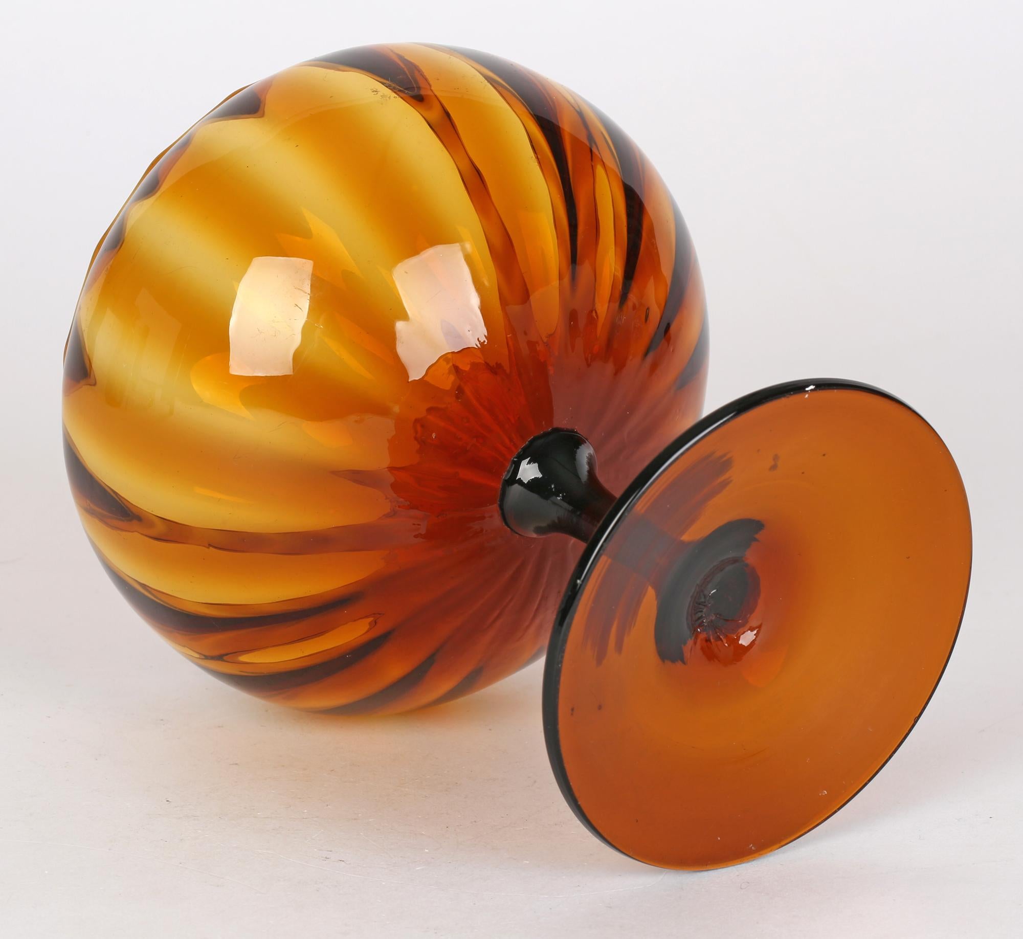Blown Glass Empoli Mid-Century Italian Hand-Blown Amber Glass Pedestal Bowl