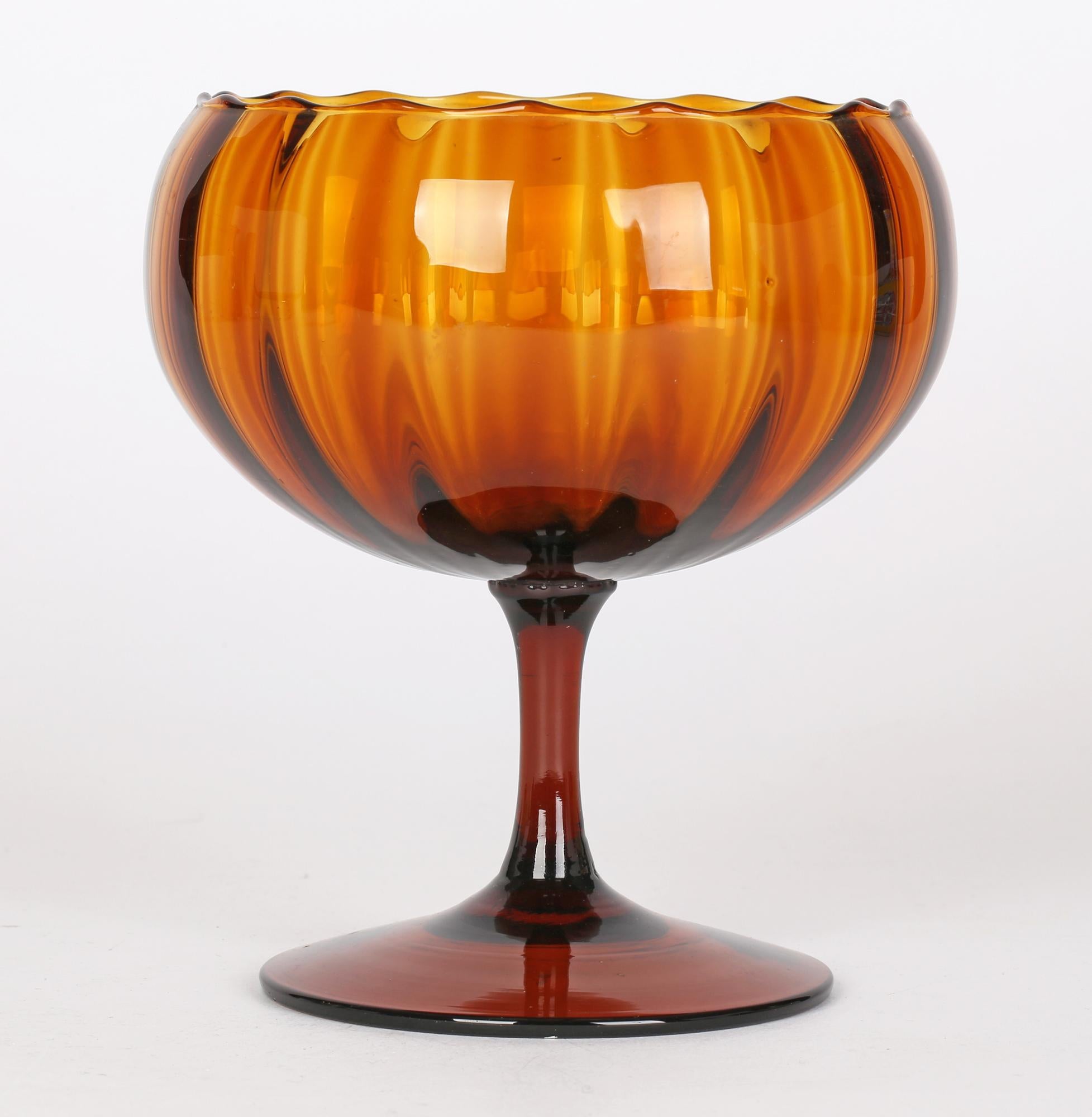 Empoli Mid-Century Italian Hand-Blown Amber Glass Pedestal Bowl 1