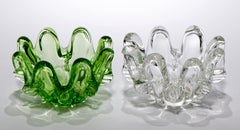Empoli Pair of Bowls Green Verde & Clear Op-Art Glass, Signed, Italy 1960
