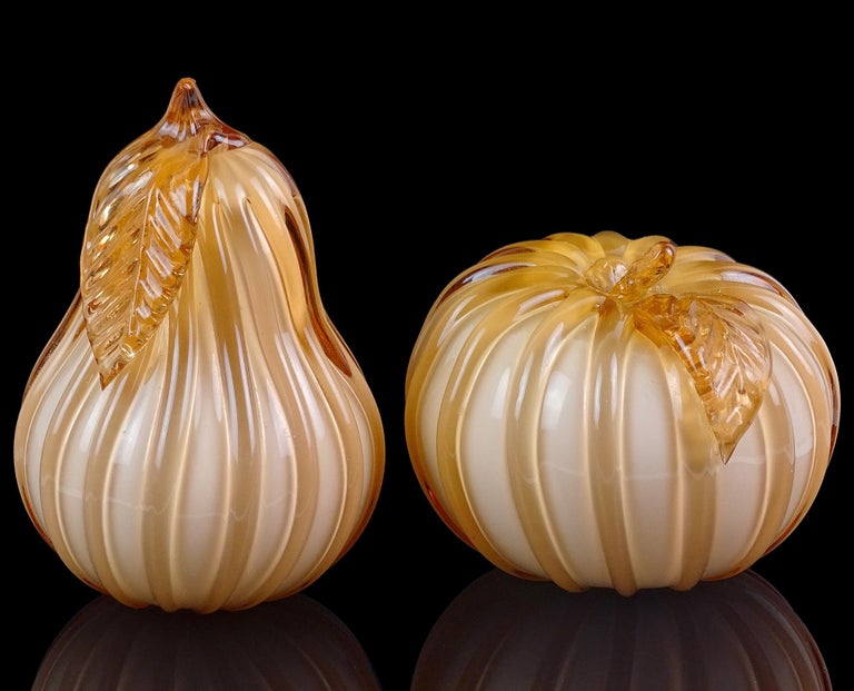 Mid-Century Modern Empoli Peach Color Italian Art Glass Grapes Pear Apple Pepper Fruit Sculptures For Sale