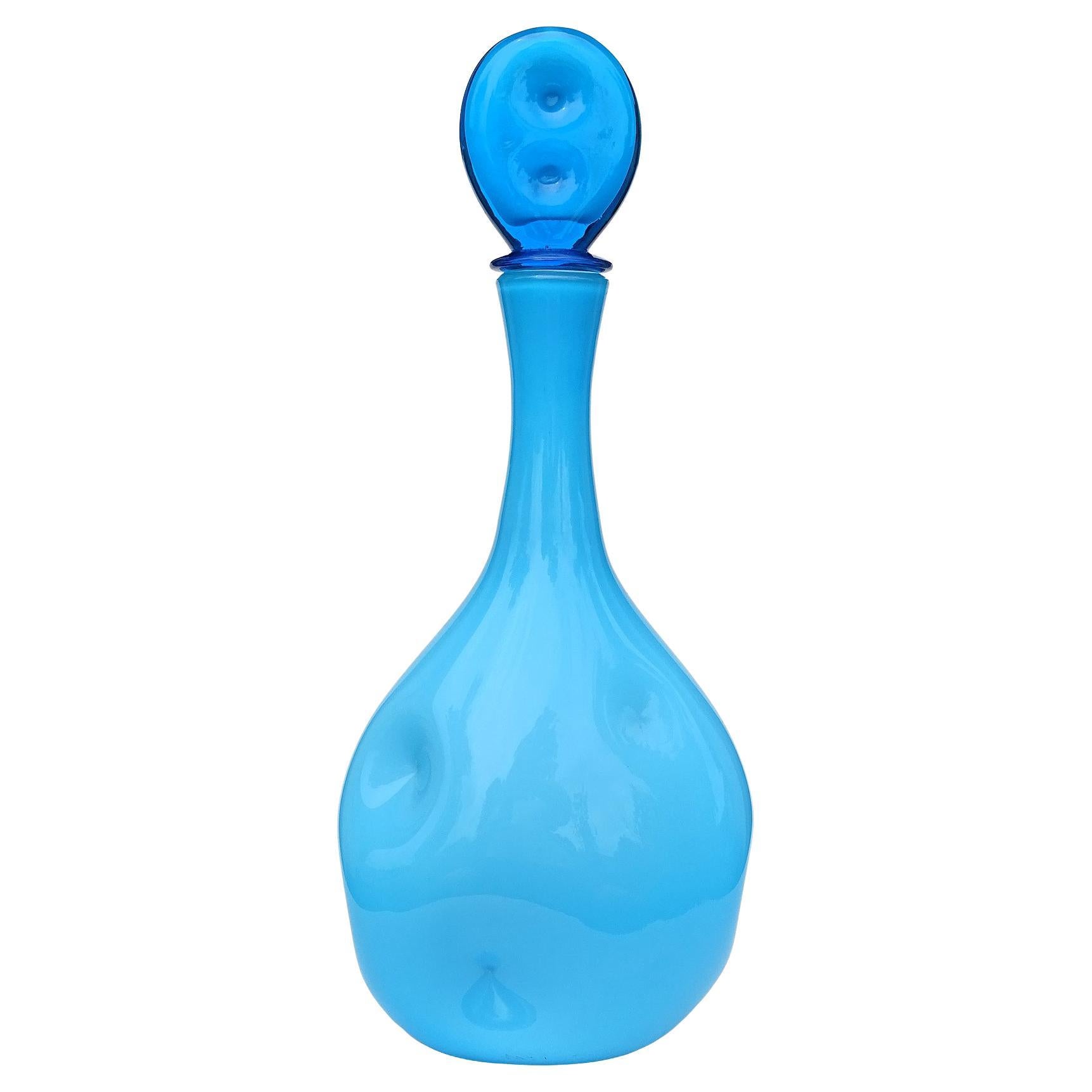 Empoli Himmelblau Weiß Italienisches Kunstglas Großer gewölbter Dekanter Original Stopfen im Angebot