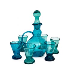 Empoli Turquoise Blue Glass Decanter and Six Mini Shot Glasses Set, Italy