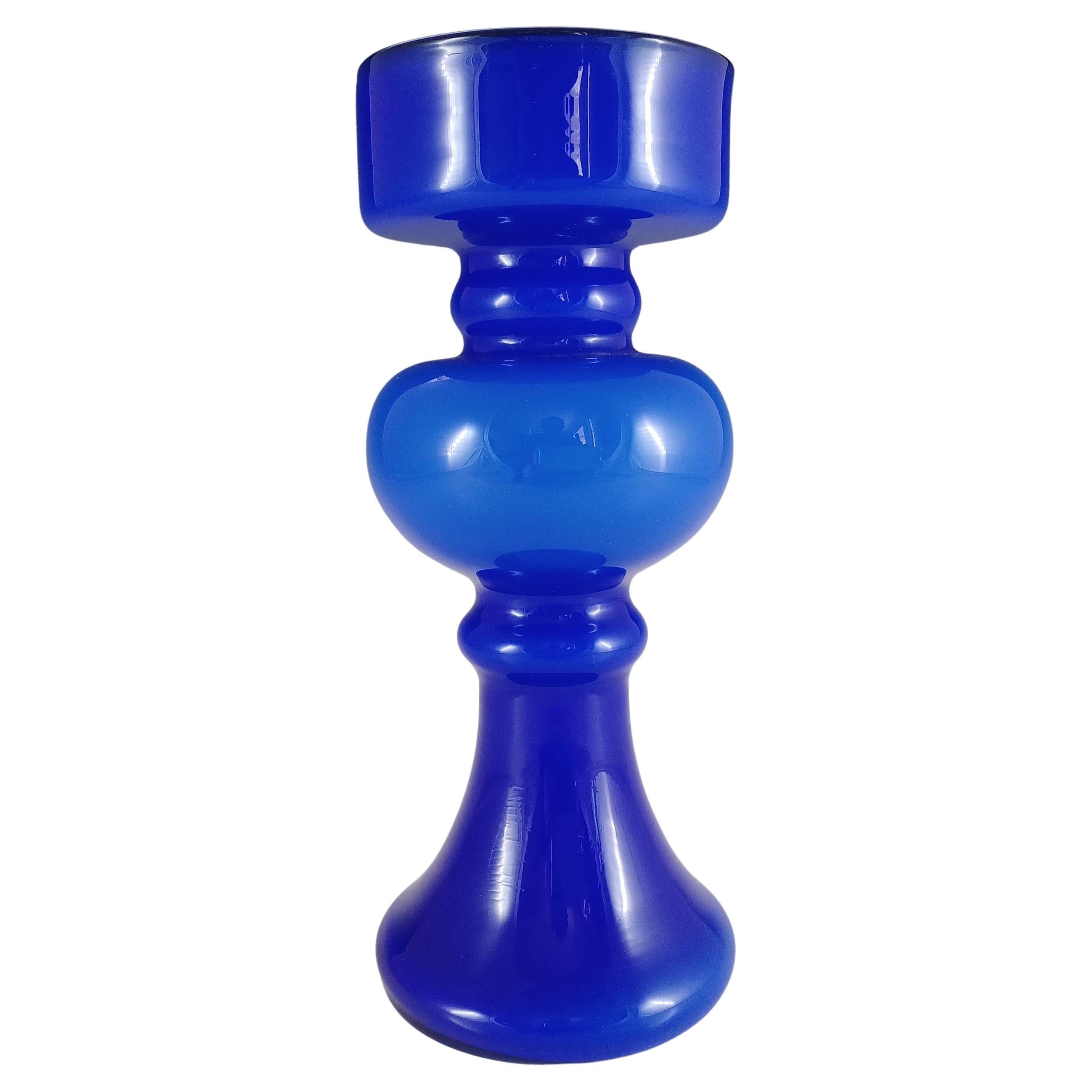 Empoli Vintage Italian Glass Azul Jarrón con aro