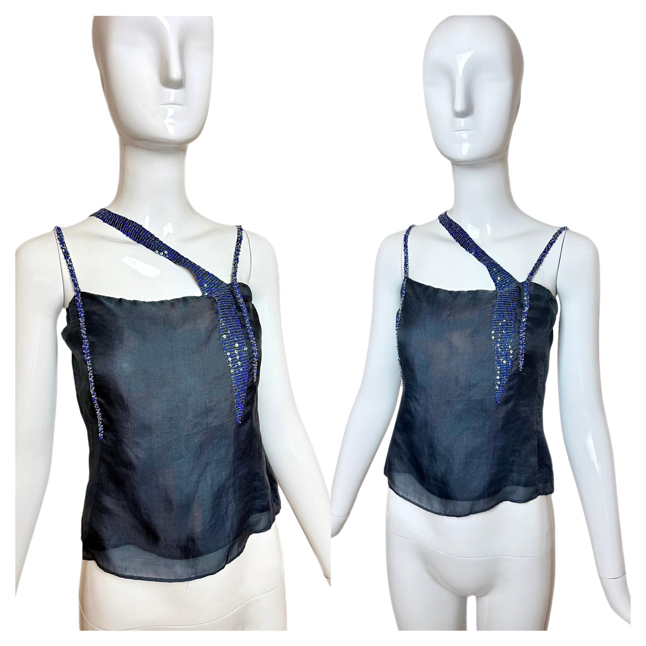 EMPORIO ARMANI 1999 Vintage Blue Silk Beaded Cami Embellished