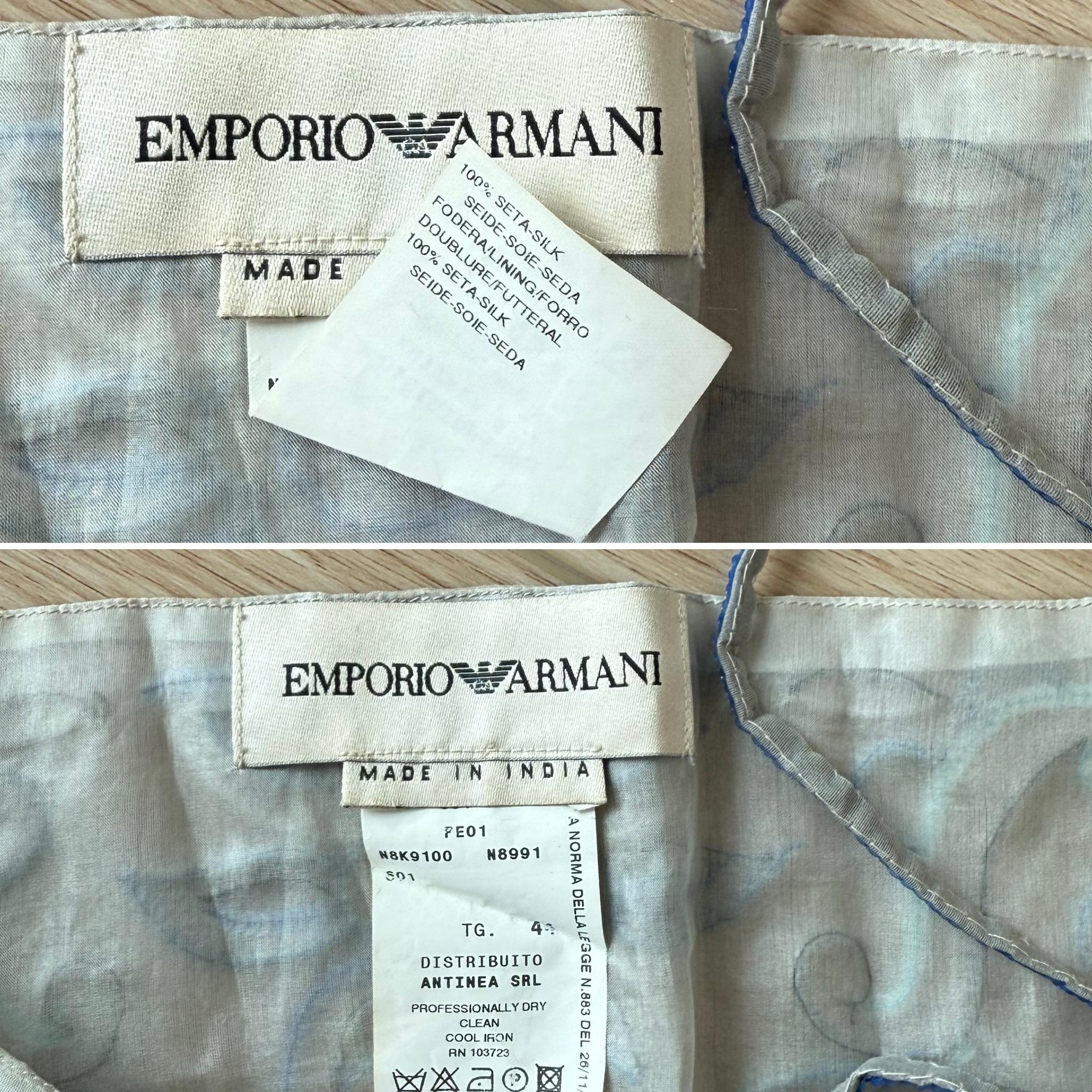 Emporio Armani
Vintage
Runway
SS01
Light grey with blue, black, and silver beads + sequins
100% silk
Has a wispy gauzy feeling (very light and airy)
Size IT44
Excellent vintage condition, minor feeling of wear
Measurements in inches laying flat: pit