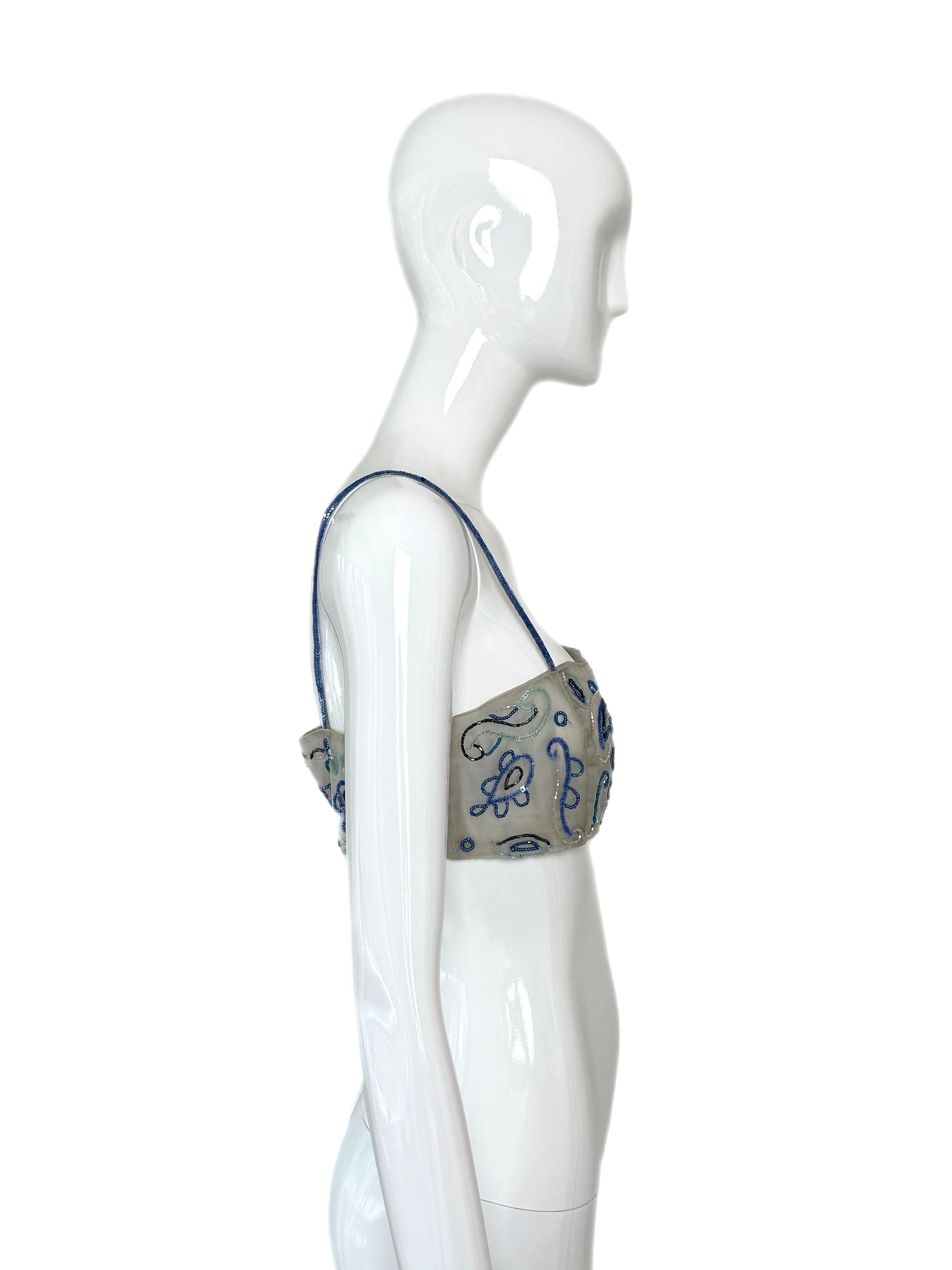Grigio EMPORIO ARMANI 2001 Vintage Runway Silk Embellished Bandeau Top Bead Sequin in vendita